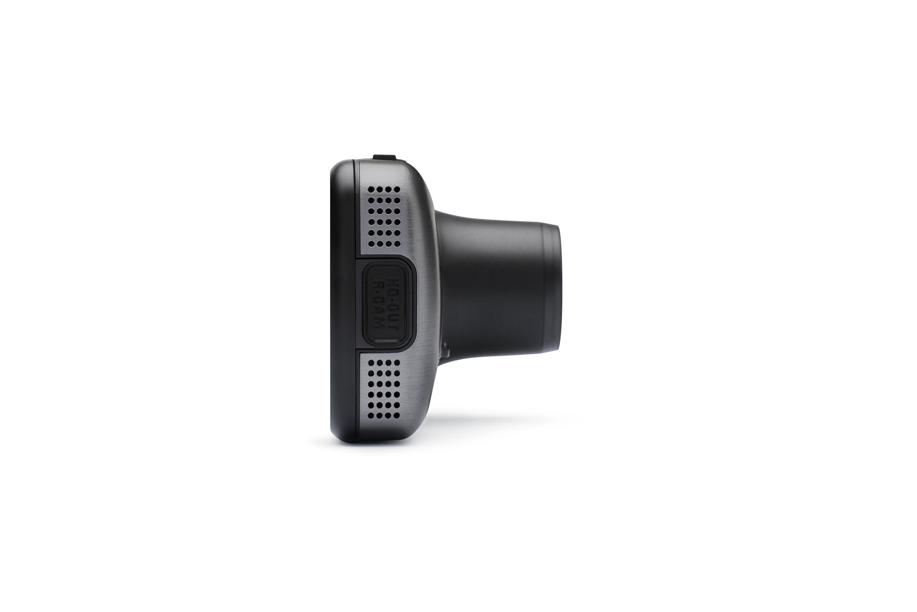 Schwarze Dashcam, Seitenansicht. Es hat eine Linse und Anschlüsse an der Seite, ein schlankes Design.