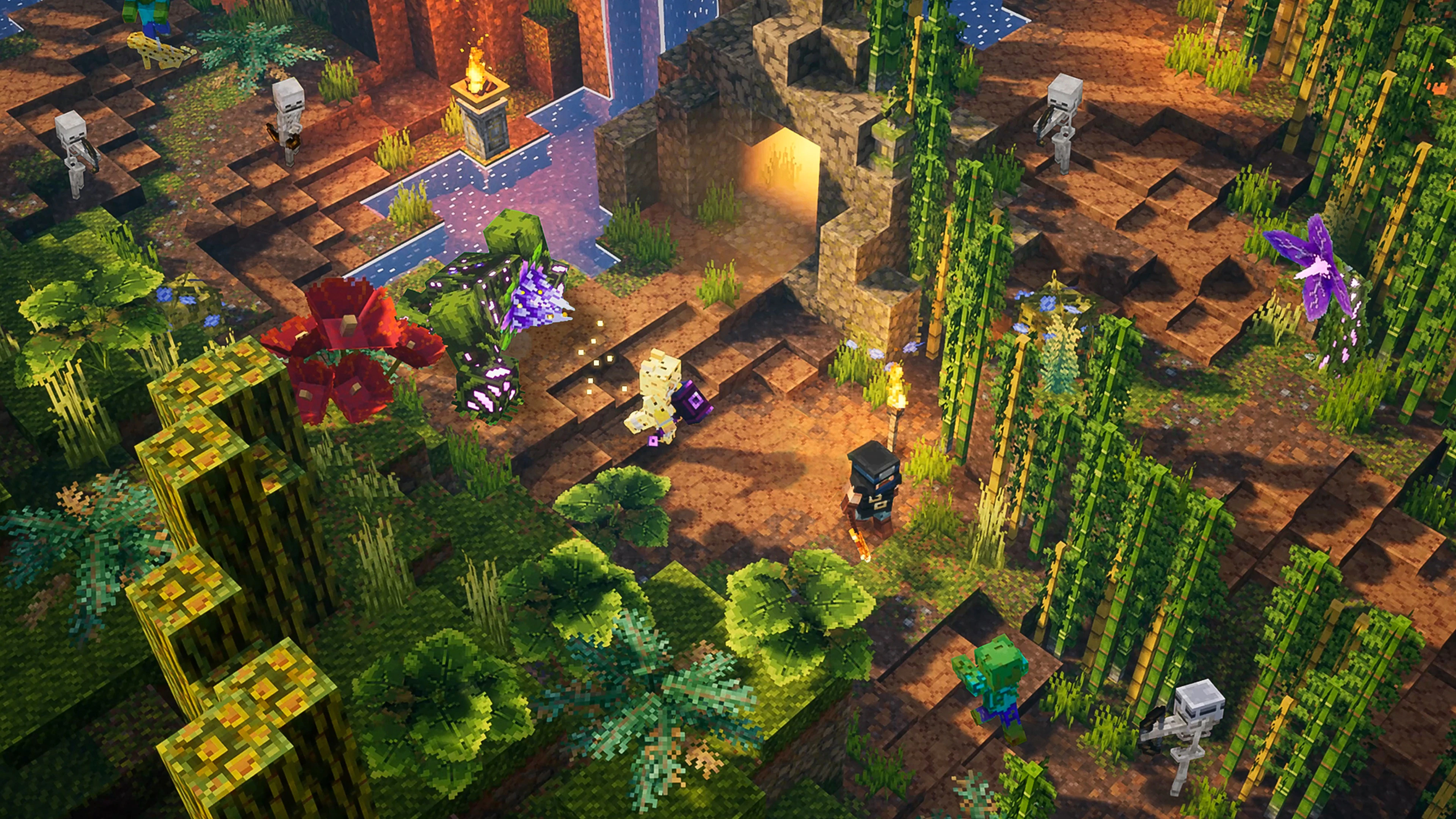 Une scène de jeu Minecraft Dungeons avec des personnages, des ennemis et des détails de l'environnement.