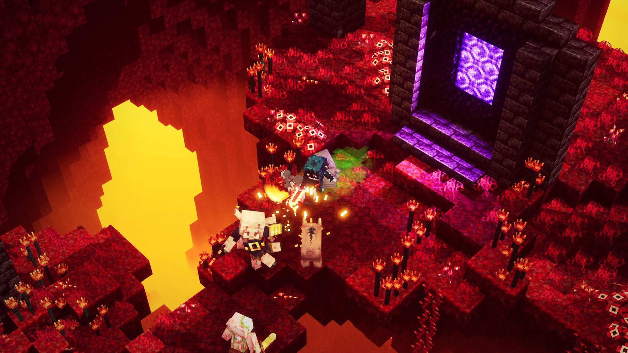Scène de Minecraft Dungeons. Personnages combattant dans un environnement enflammé avec un portail.