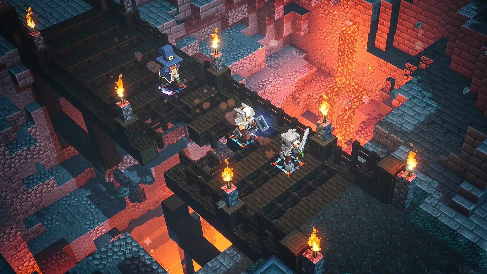 Personnages sur un pont dans une scène de jeu avec de la lave et des torches.