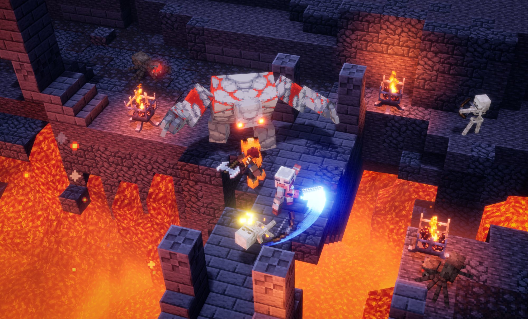 Une scène de Minecraft Dungeons avec des personnages combattant des monstres dans un donjon rempli de lave.