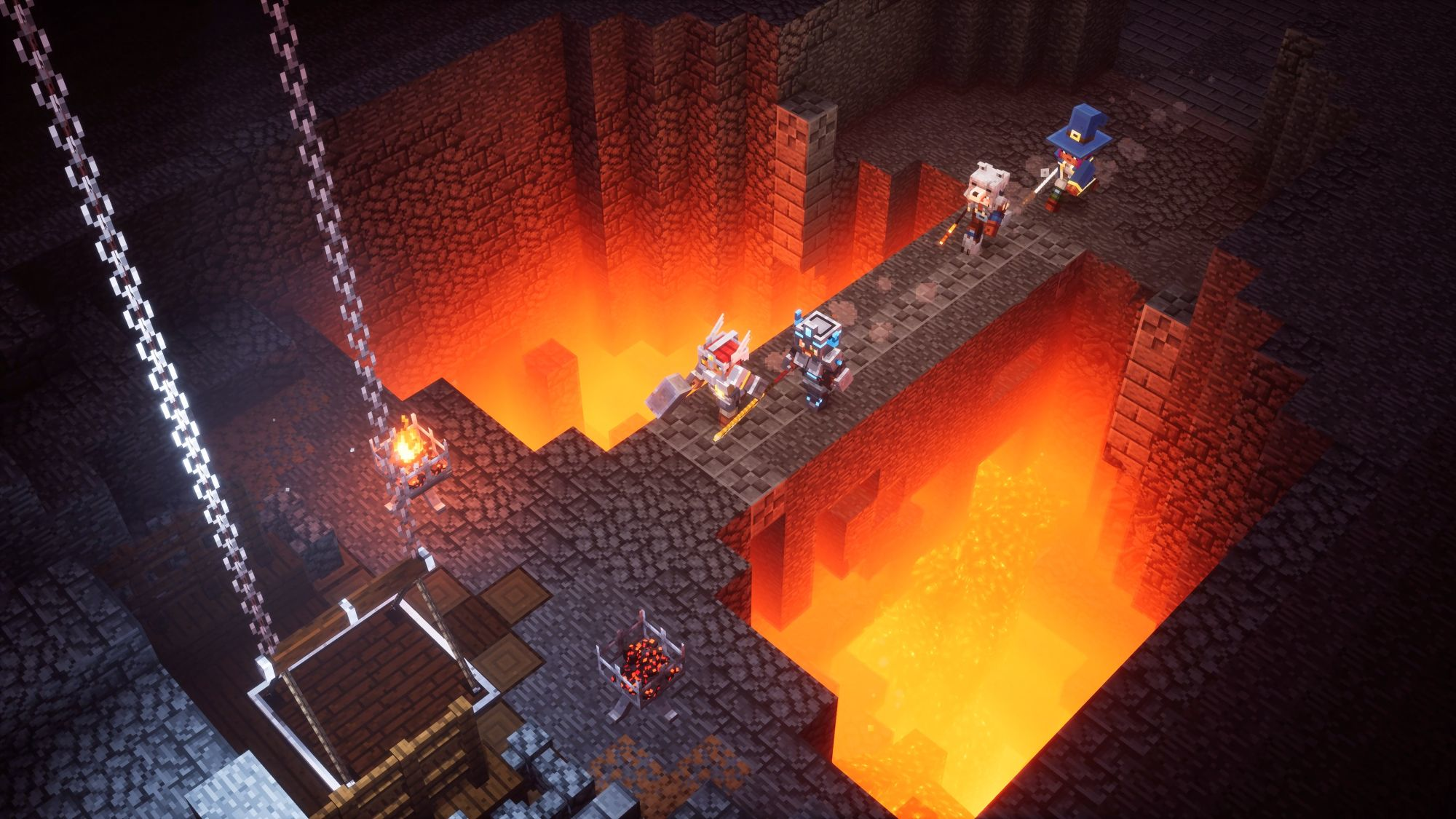 Scène de jeu vidéo avec des personnages marchant sur un pont au-dessus de la lave.
