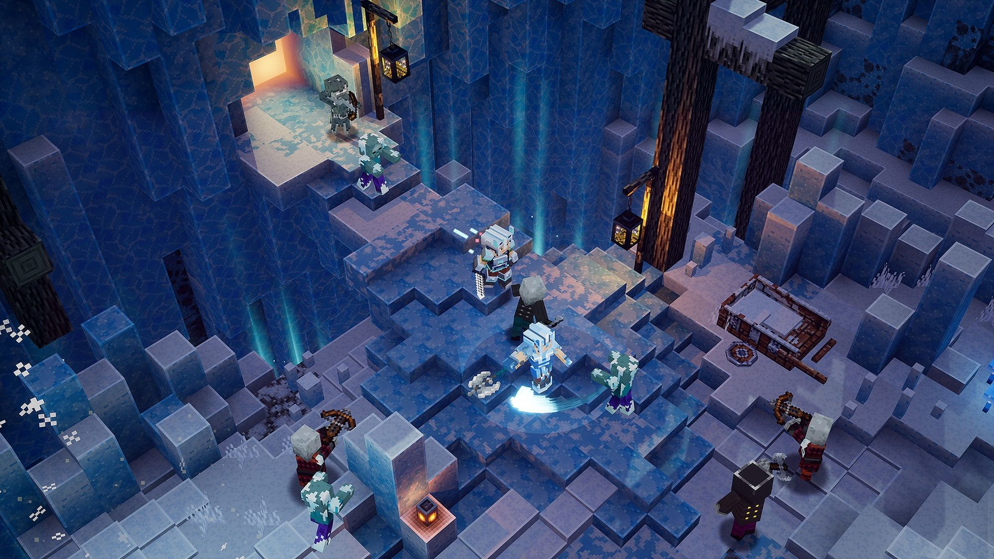 Une scène de jeu vidéo avec des personnages dans une grotte enneigée, combattant des ennemis avec une lueur bleue.