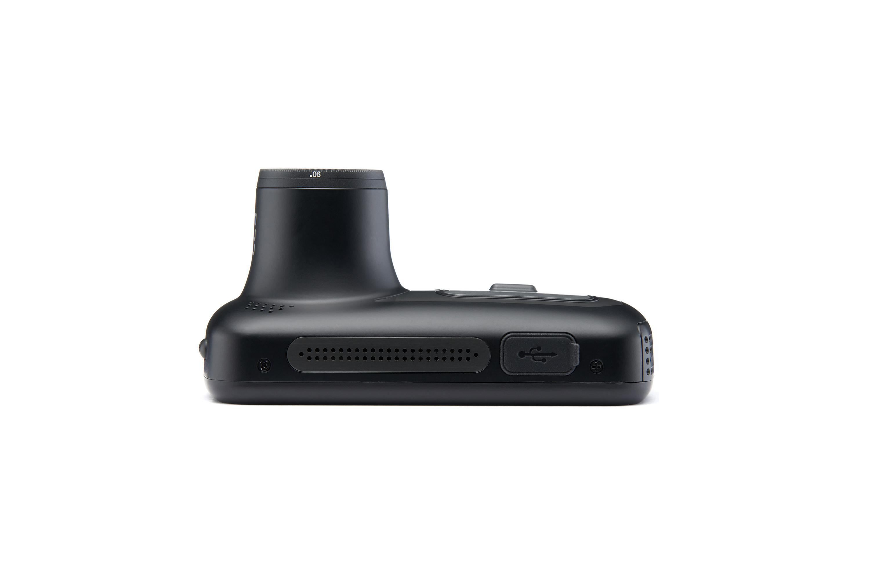 Eine schwarze Dashcam. Es hat eine Linse und einen USB-Anschluss und befindet sich auf weißem Hintergrund.