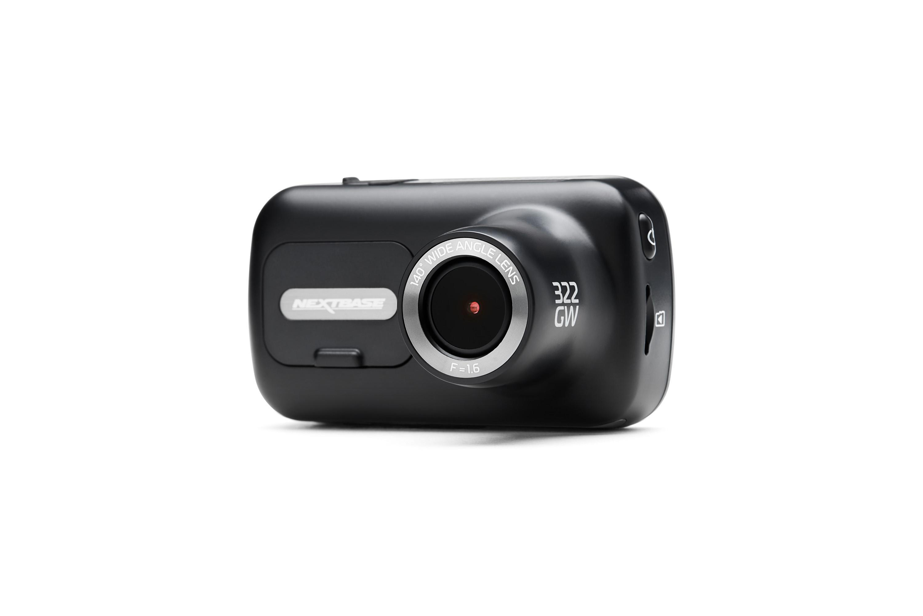 Eine schwarze Dashcam mit Objektiv, Knopf und dem Text '322 GW' auf weißem Hintergrund.