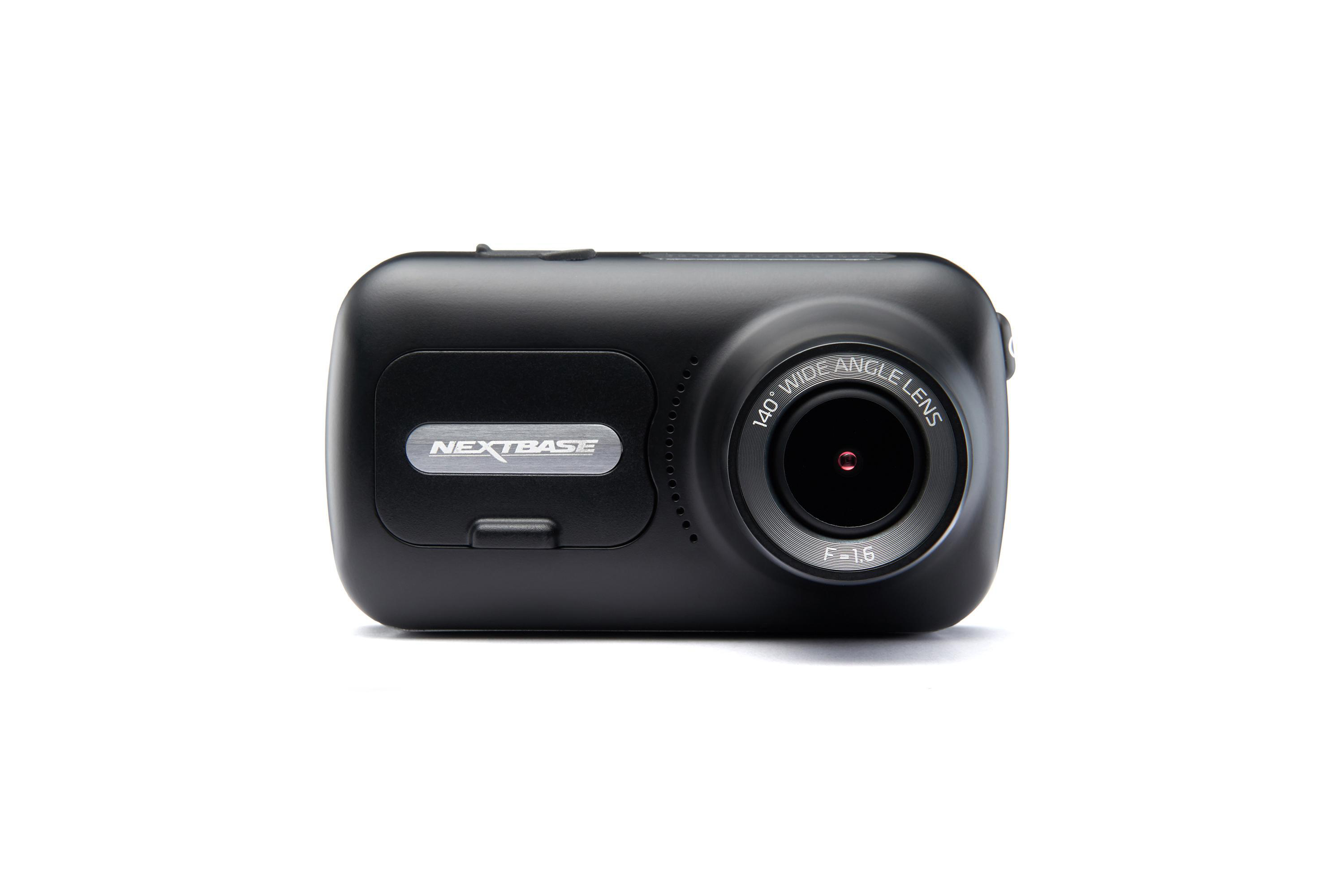 Schwarze Nextbase Dashcam auf weißem Hintergrund. Es ist ein kleines rechteckiges Gerät.