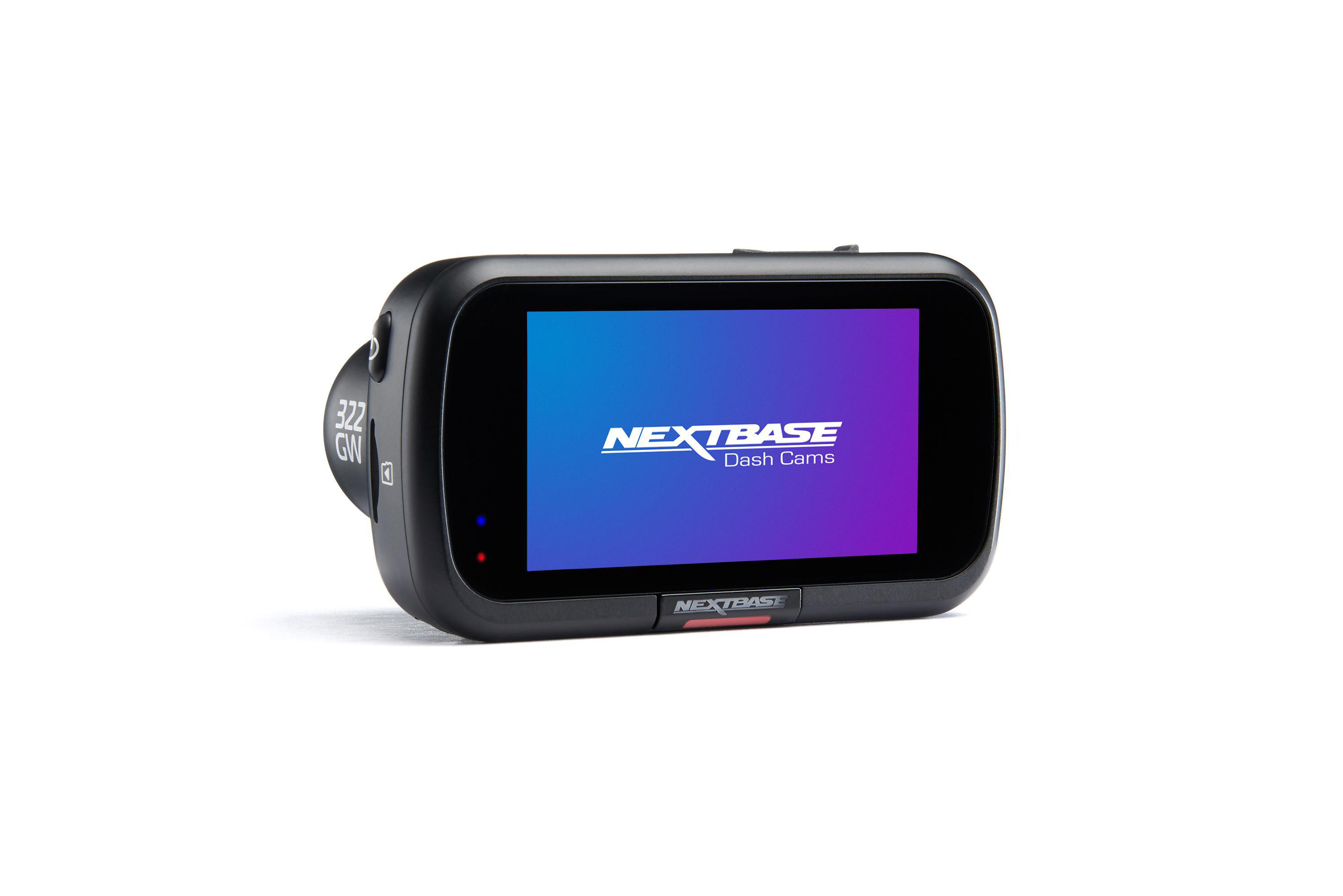 Eine schwarze Dashcam mit einem Bildschirm, der das Nextbase-Logo zeigt.