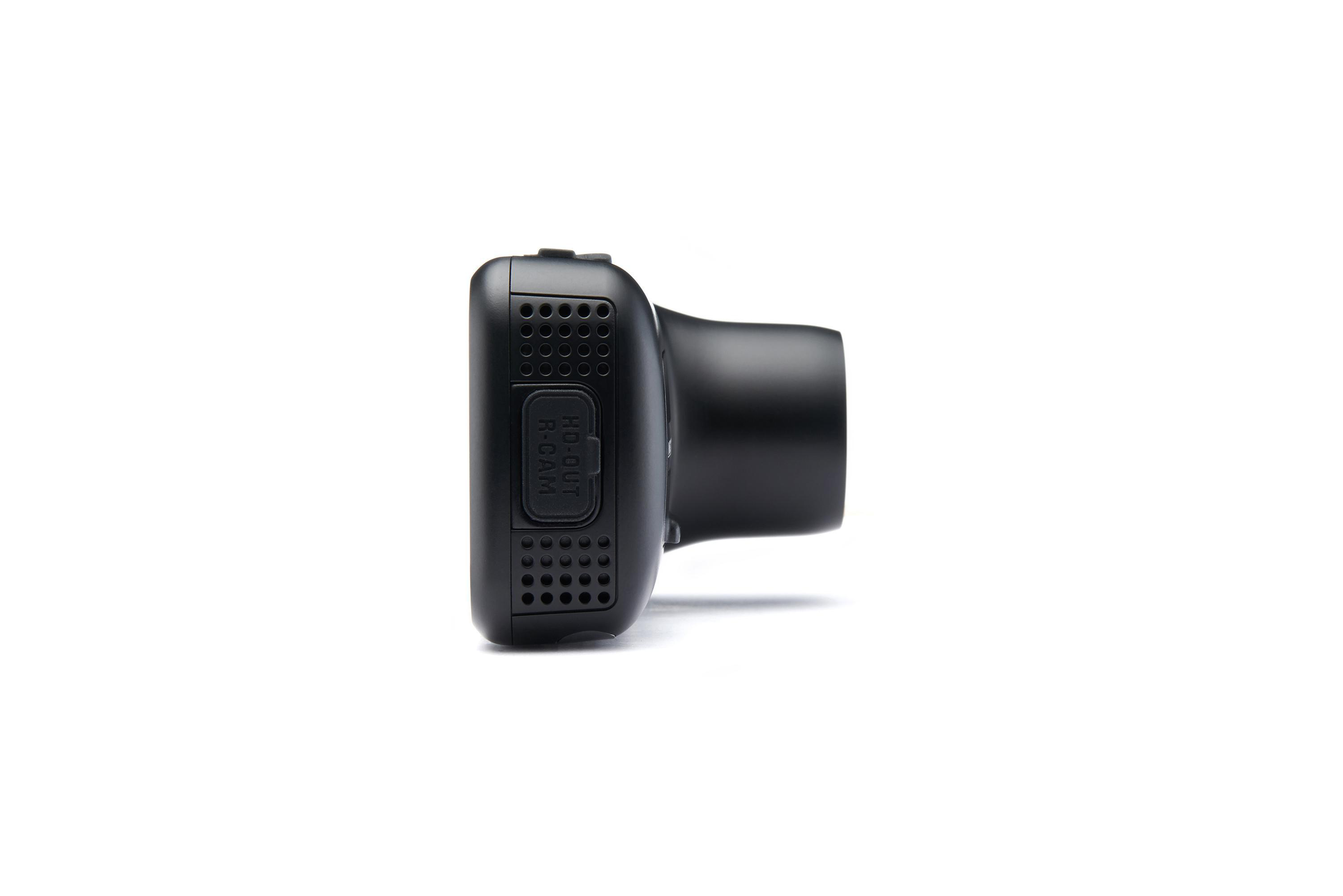 Schwarze Dashcam, Seitenansicht. Merkmale sind 'HD OUT' und 'B-CAM'.