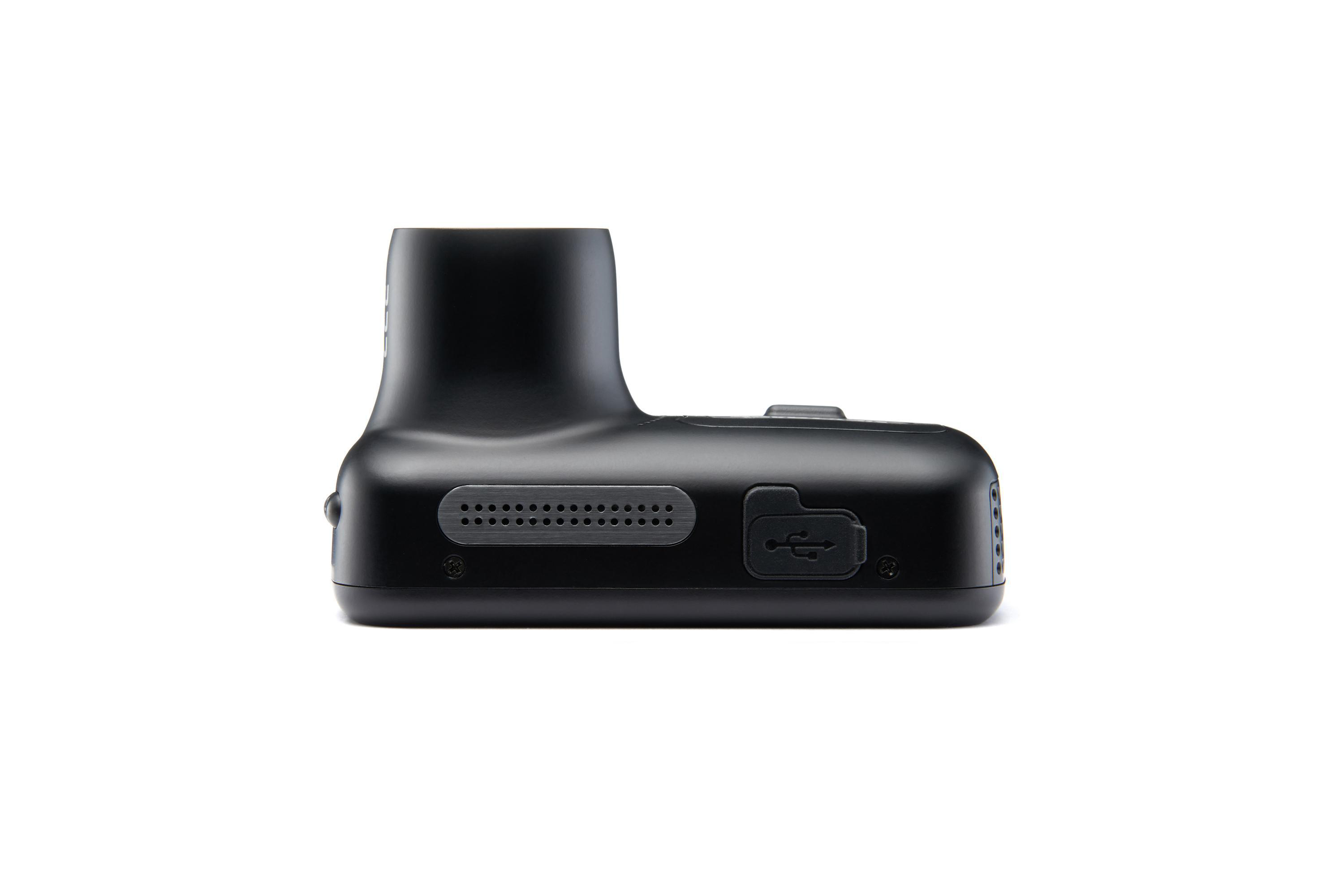 Schwarze Dashcam von unten auf weißem Hintergrund. Mit USB-Anschluss.