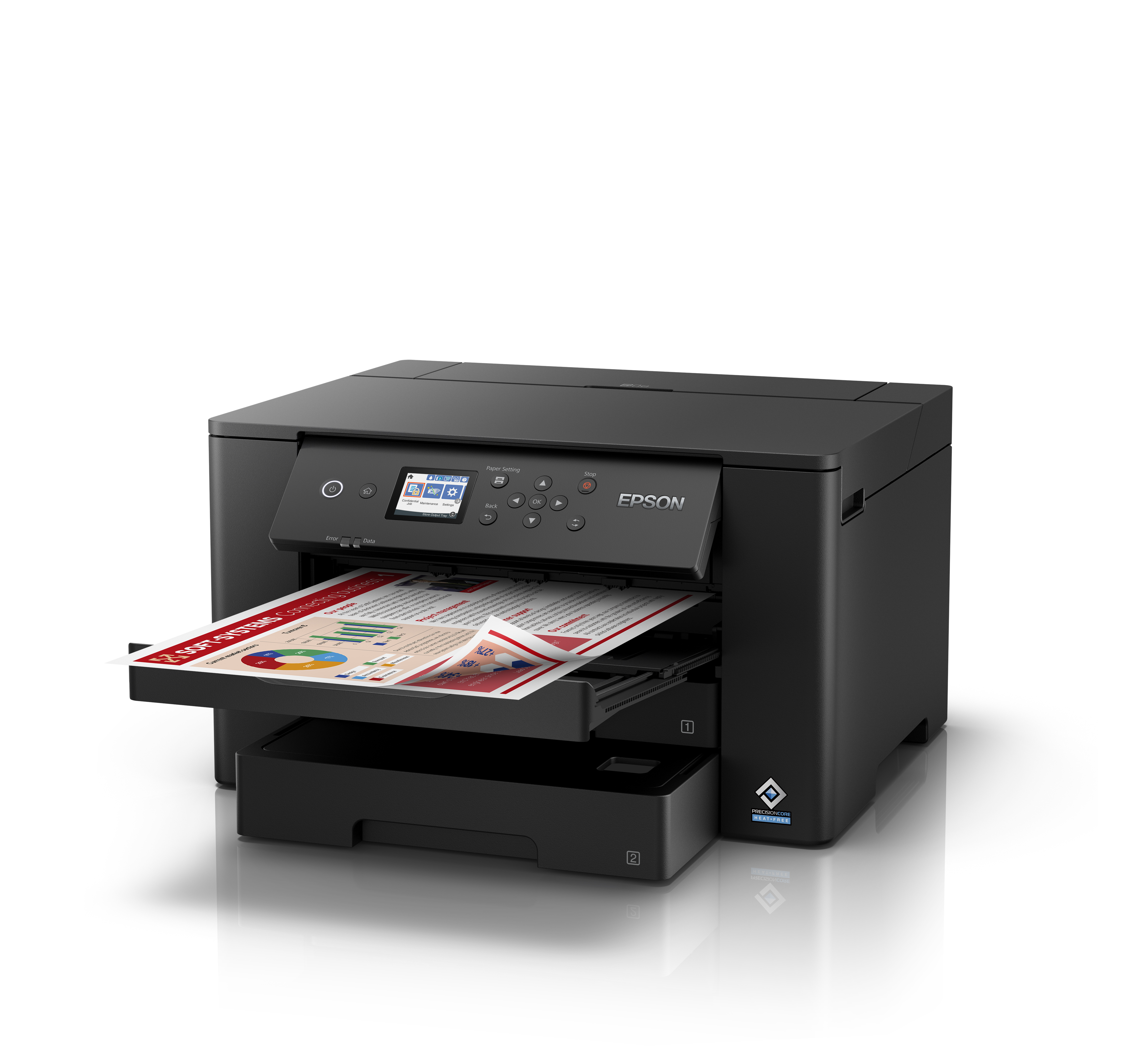An Epson printer, printing a document with charts.