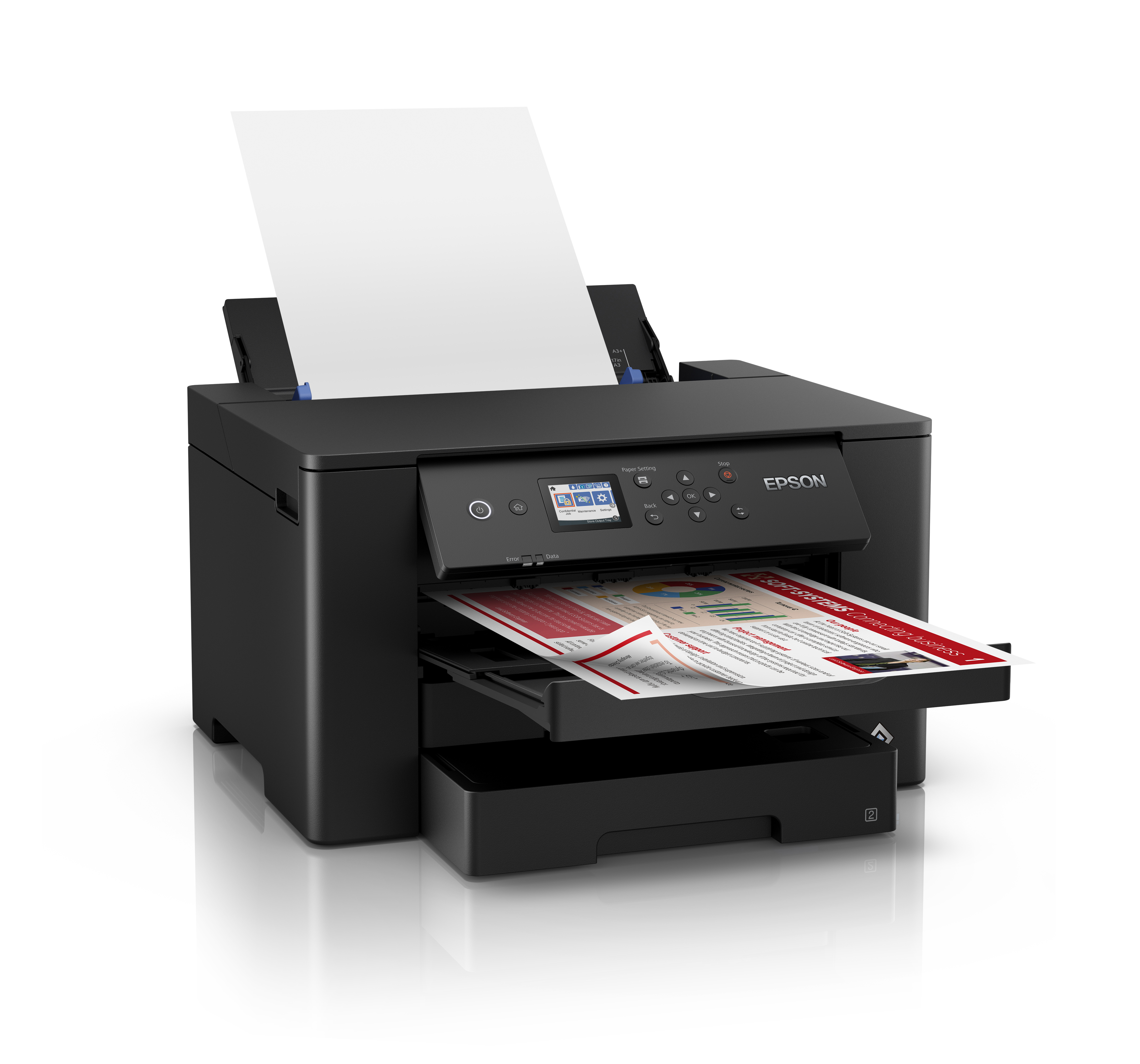 A black Epson printer with paper coming out and a screen visible.