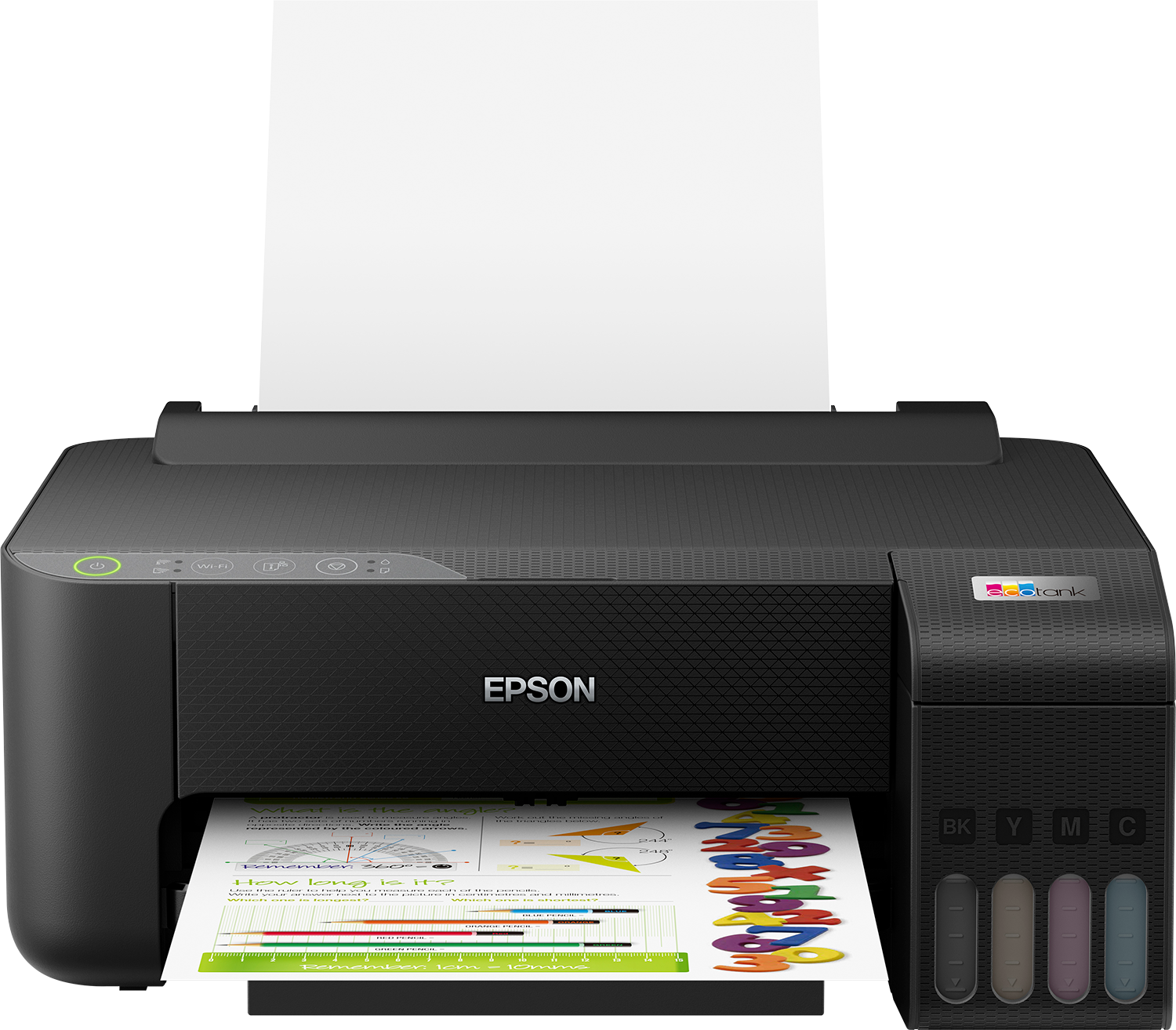 Black Epson printer printing a colorful chart. White paper is emerging.