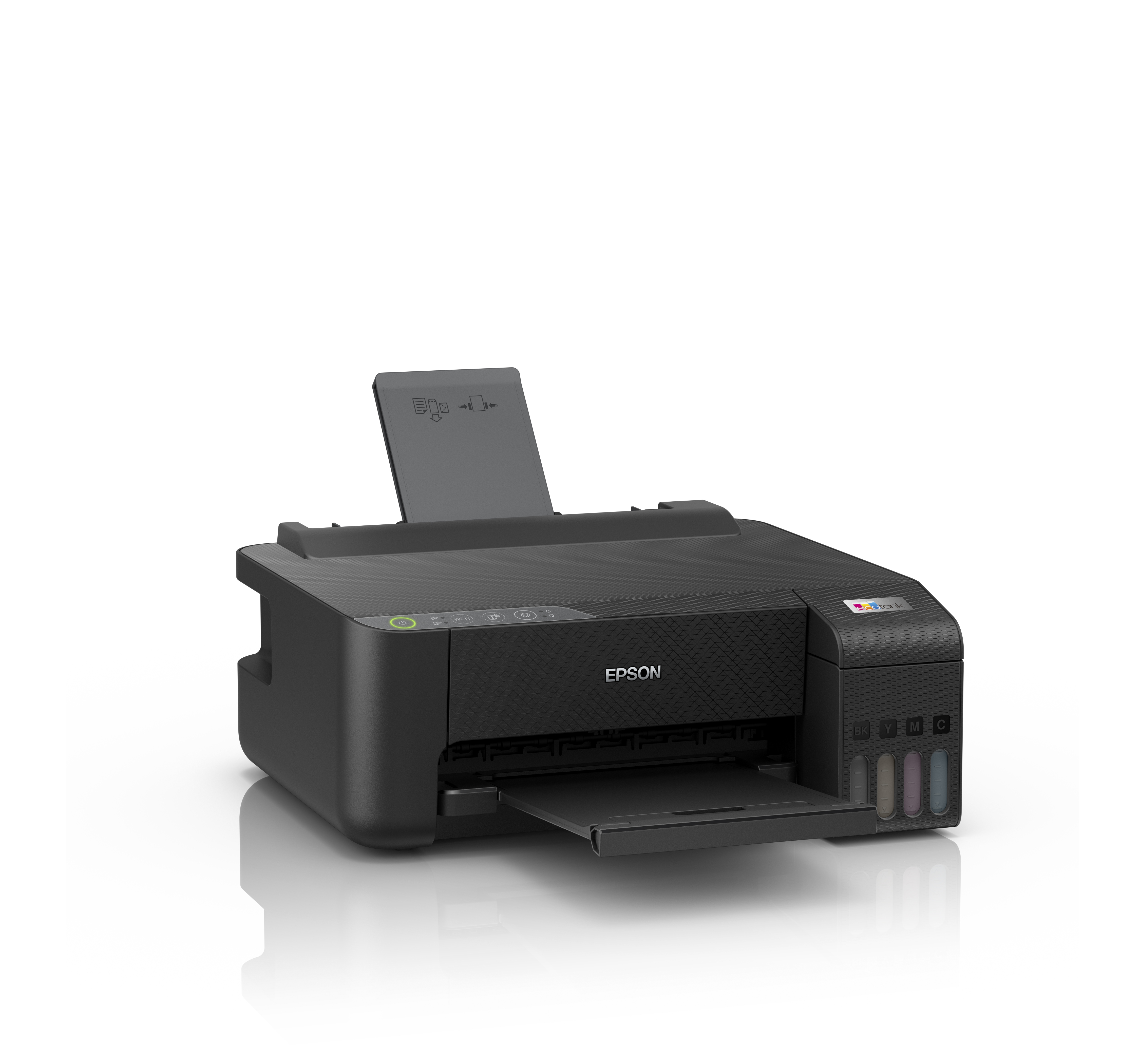A black Epson printer. It is on a white background, showing the paper tray and ink cartridges.