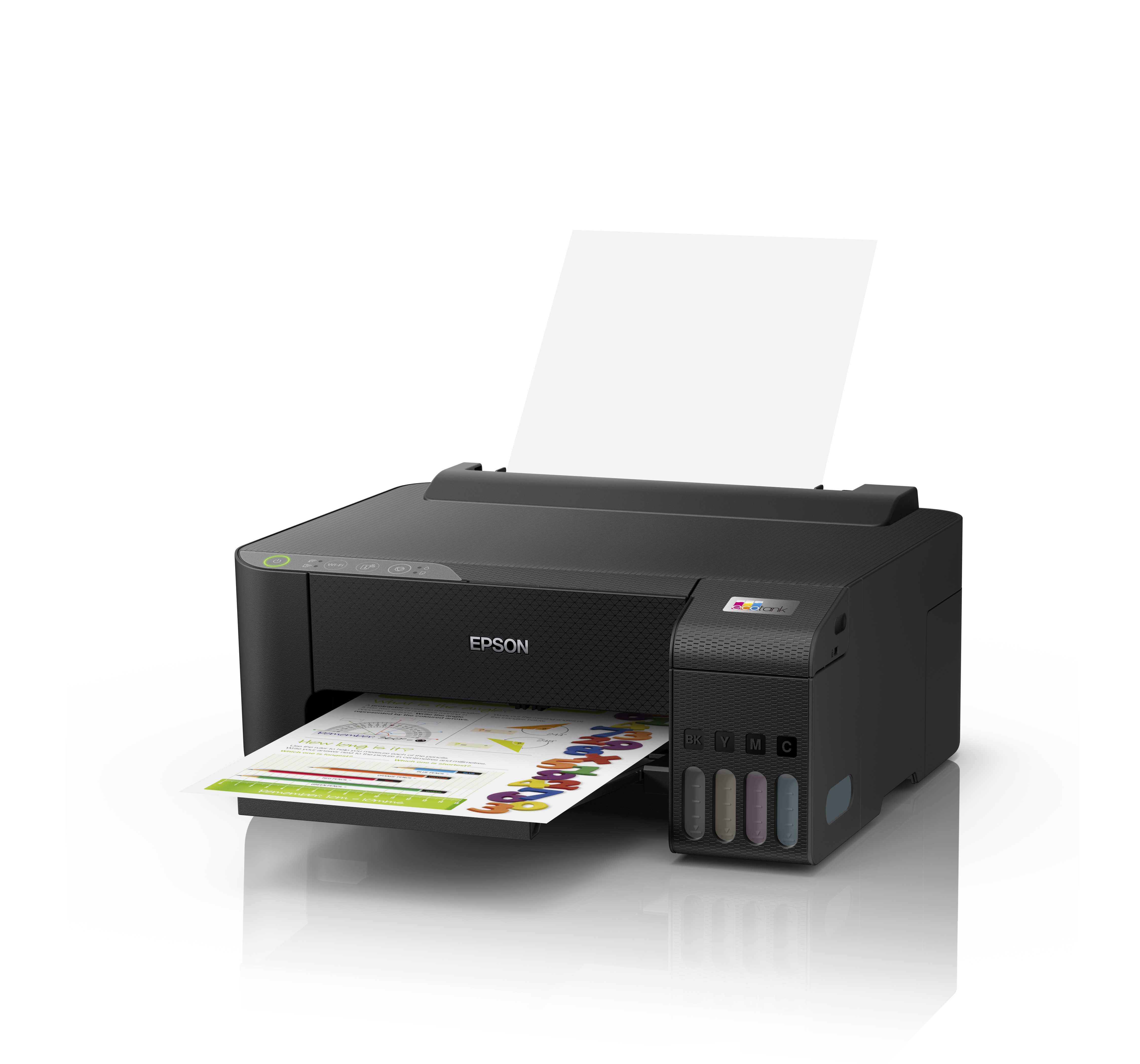 Black Epson printer printing a colorful paper. White background.