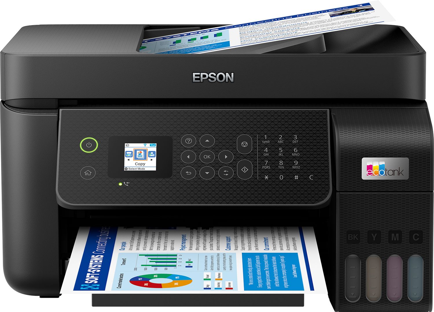 Black Epson printer with paper output. Control panel and ink cartridges on the right side.