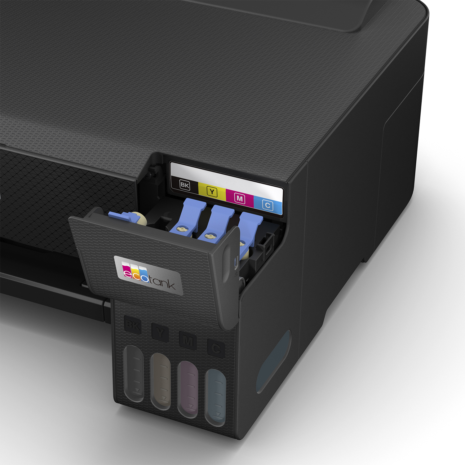 Black printer with open ink tanks. The tanks show various ink colors.