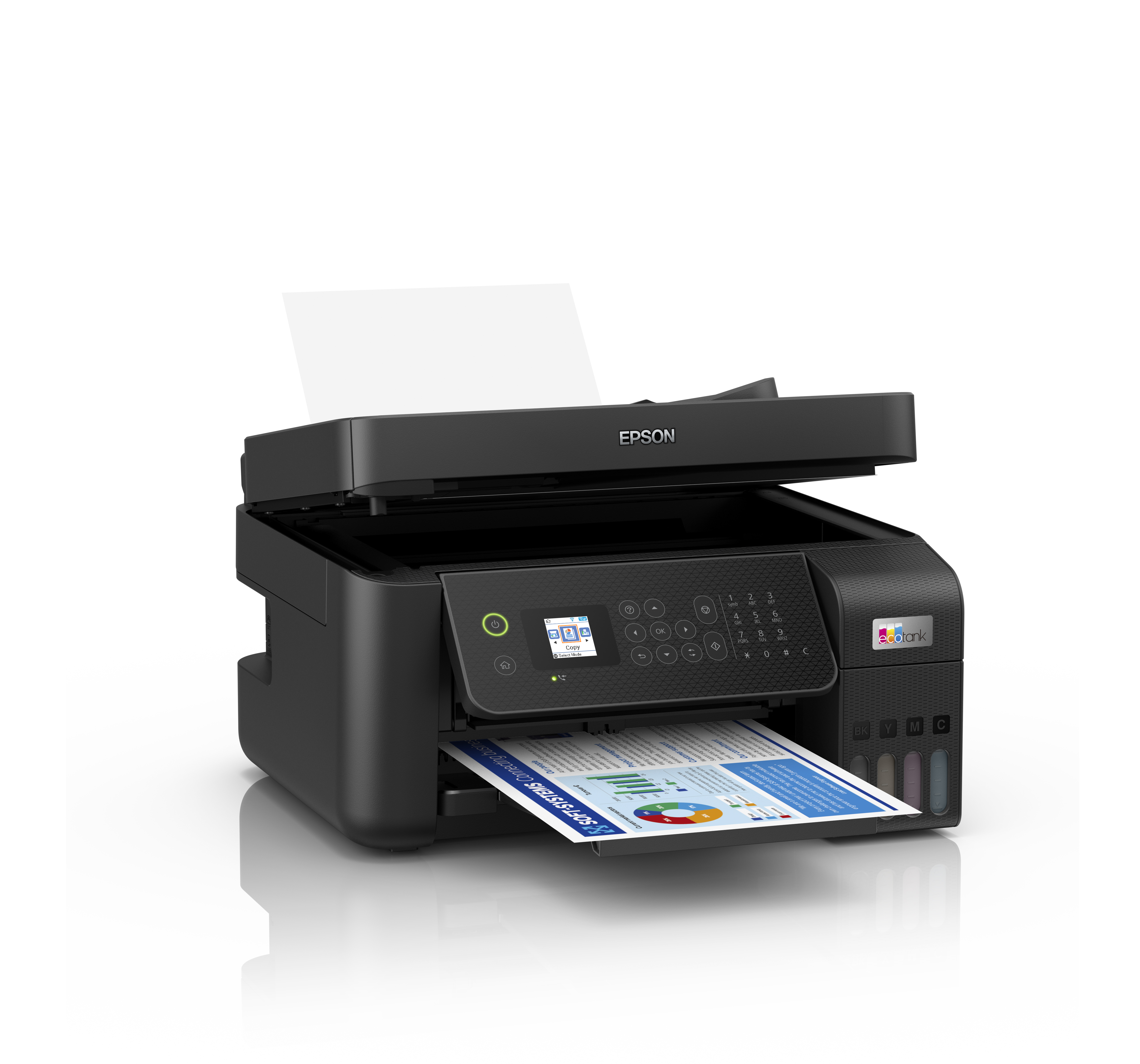 Black Epson printer with paper output and open lid. White background.