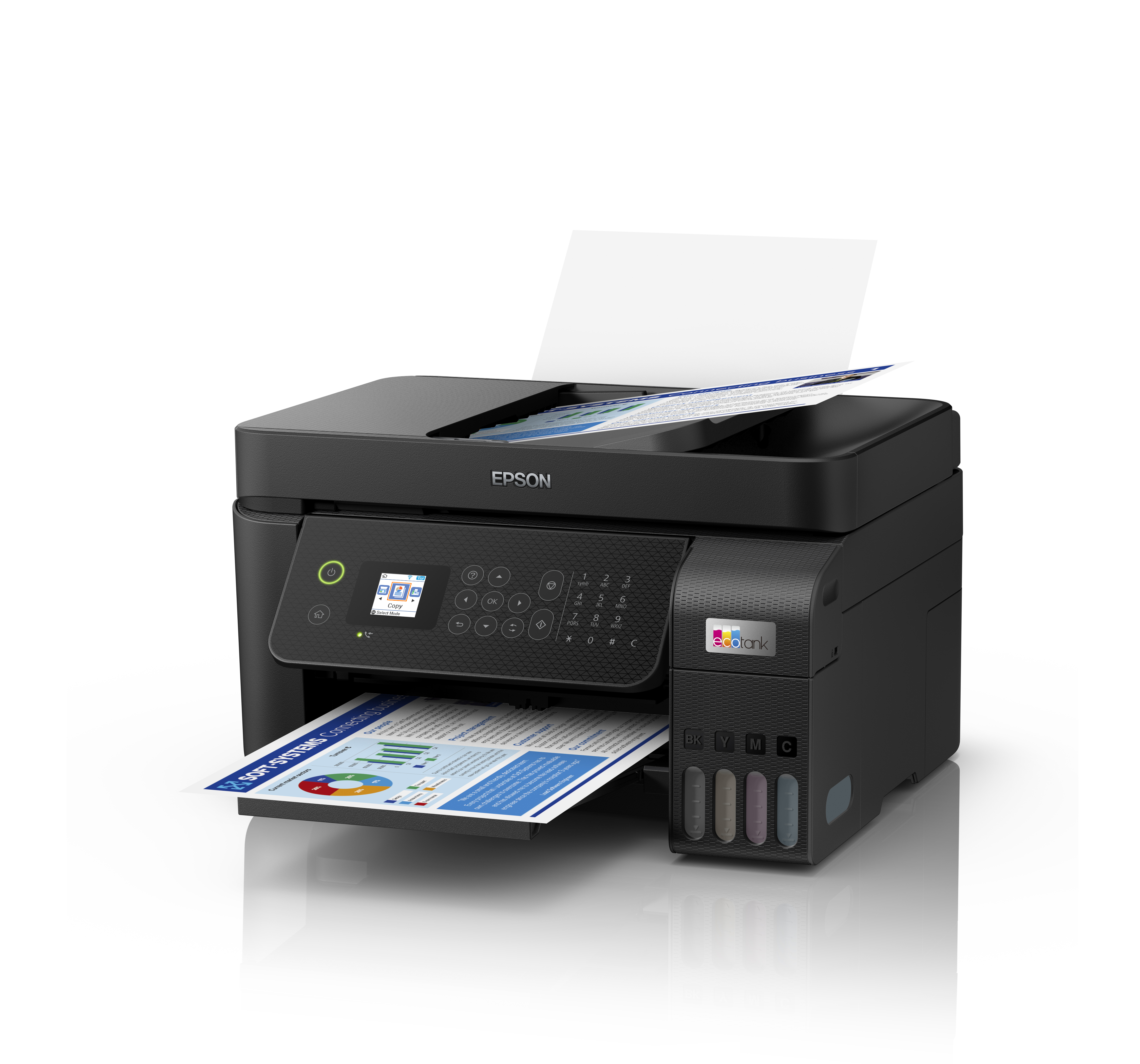 Black Epson printer printing a document on a white background. A paper is in the output tray.