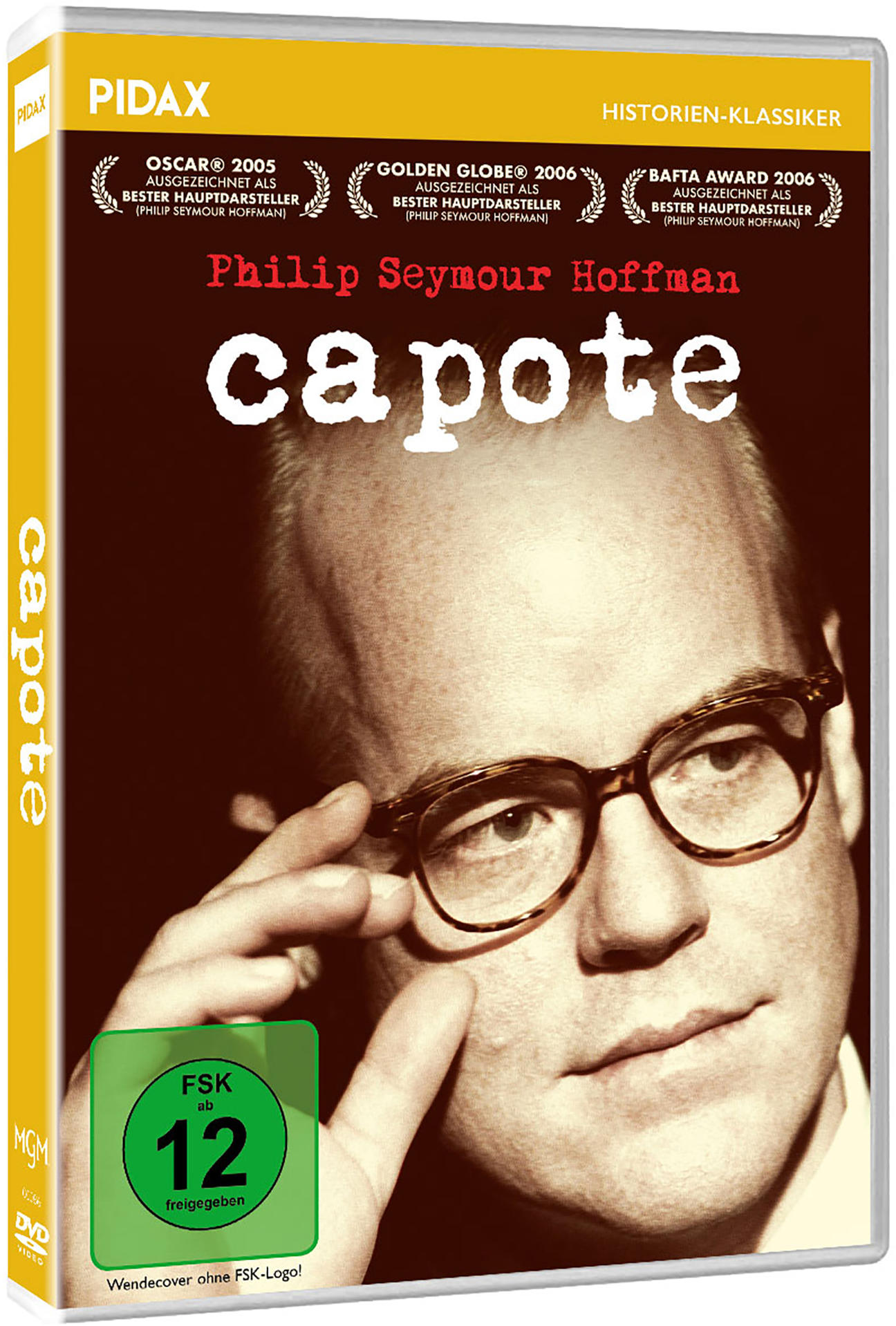 DVD-Cover von 'Capote'. Porträt von Philip Seymour Hoffman mit Brille.