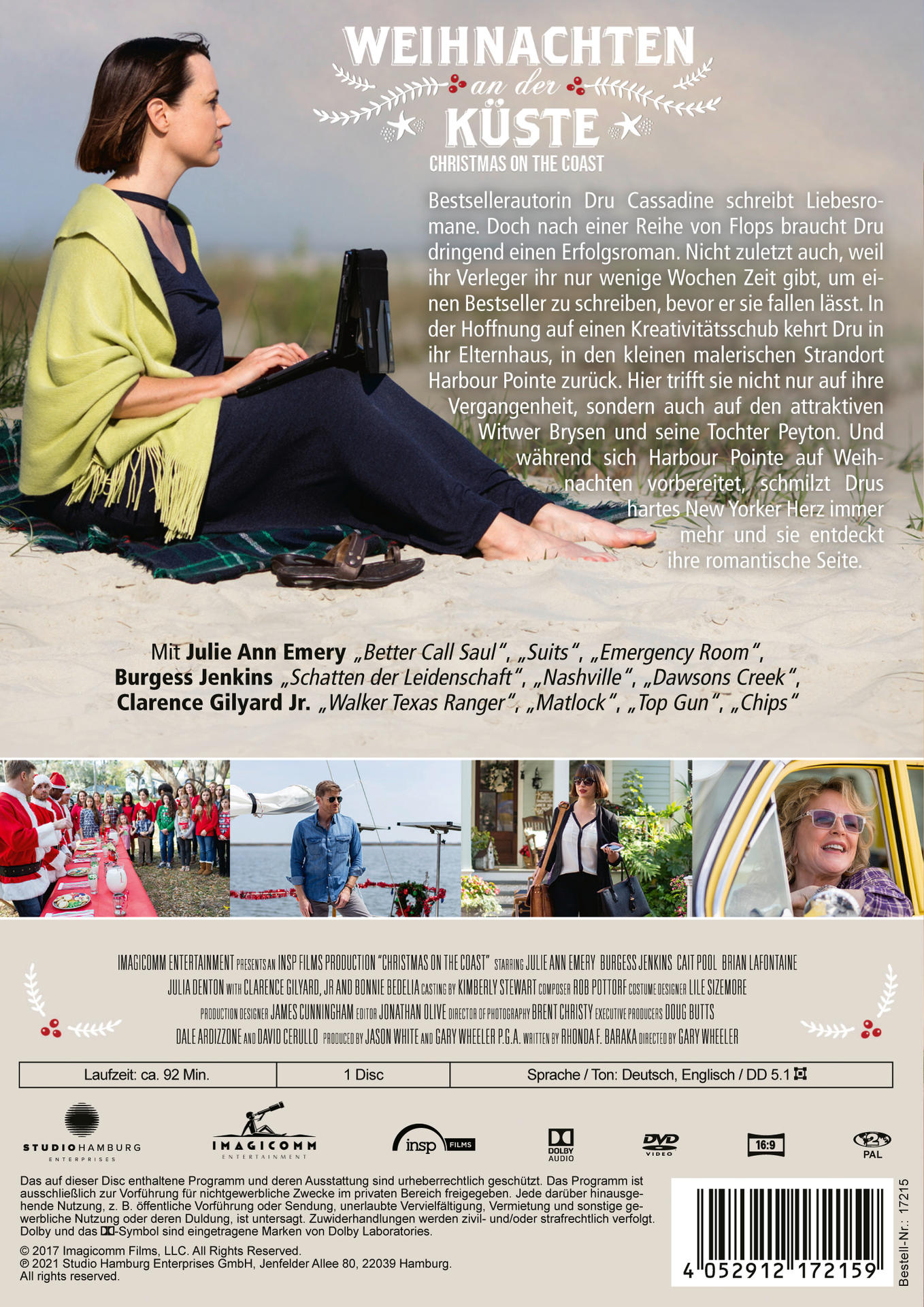 DVD-Rückseite, 'Christmas on the Coast'. Text und Foto einer Frau mit Laptop.