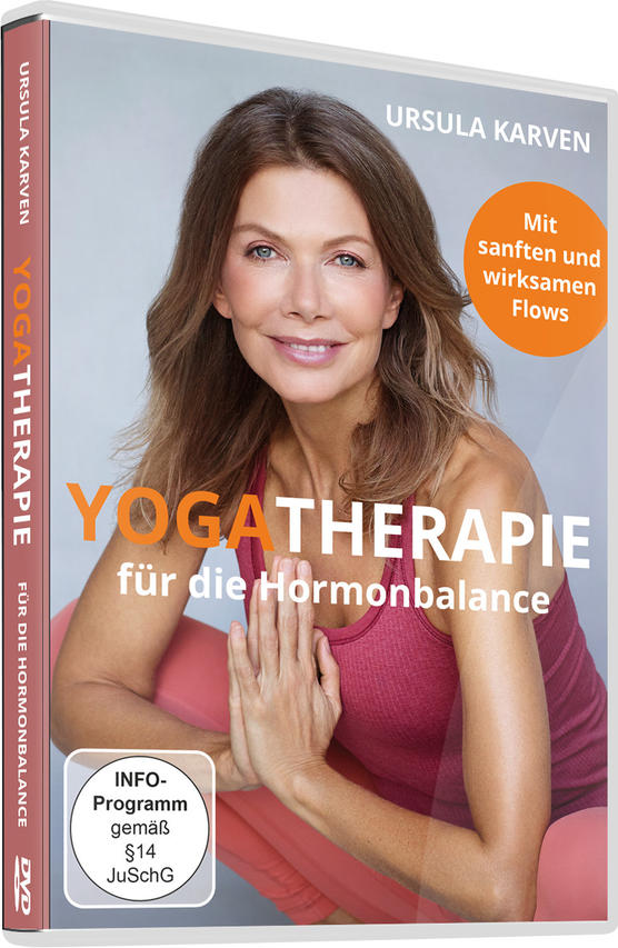 Eine DVD-Hülle mit einer Frau auf dem Cover, die Yoga-Therapie für den Hormonhaushalt bewirbt.
