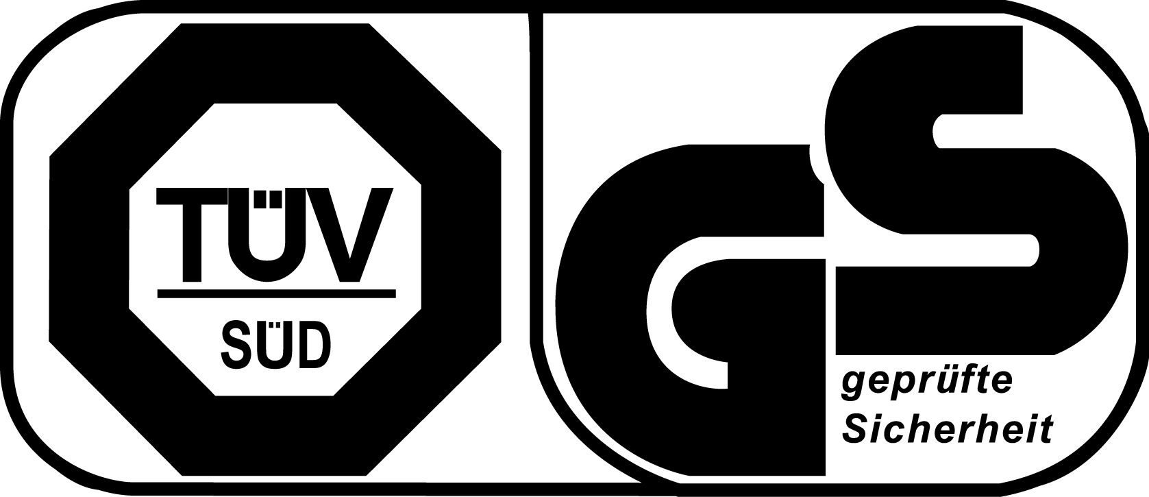 Schwarz-weiß Logos von TUV SUD und GS.