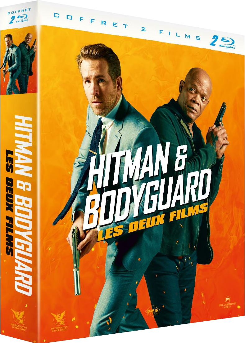 DVD-hoes voor Hitman & Bodyguard. Ryan Reynolds en Samuel L. Jackson houden pistolen vast. Titeltekst: Hitman & Bodyguard Les Deux Films.