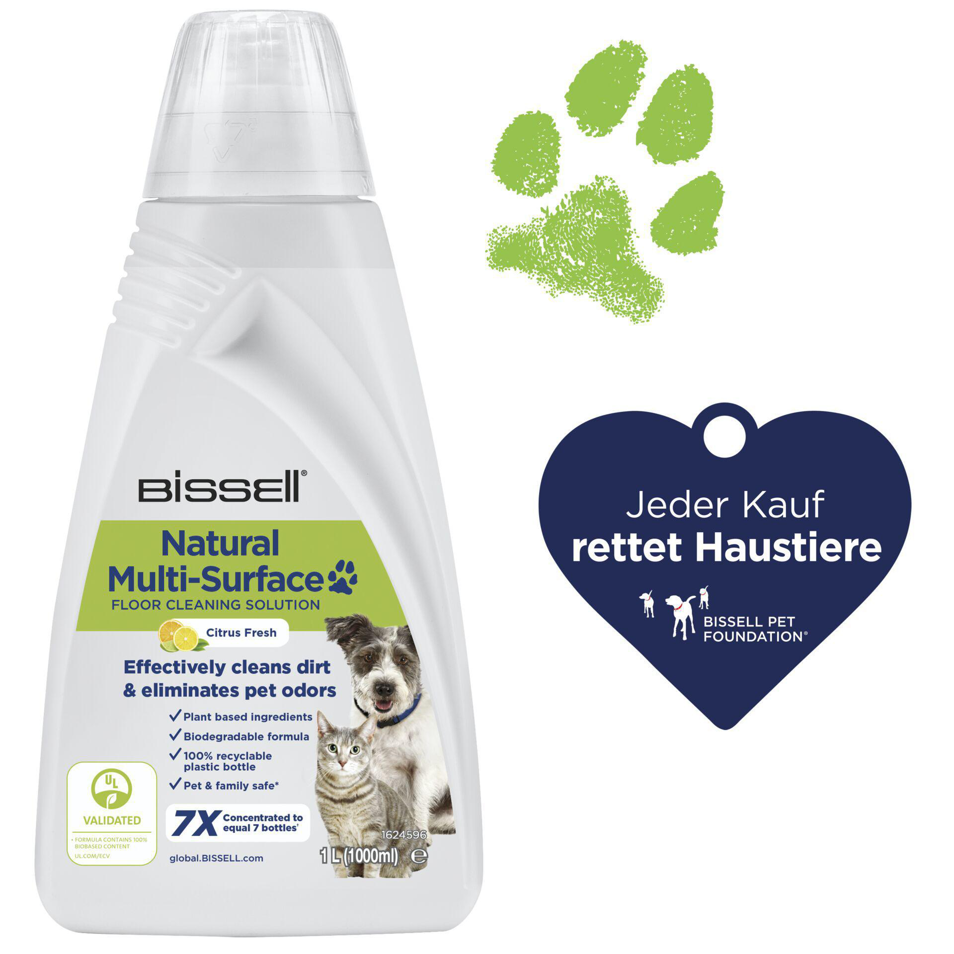 Bissell Bodenreiniger-Flasche mit Hunde- und Katzen-Illustration, umgeben von Text und Pfotenabdrücken.