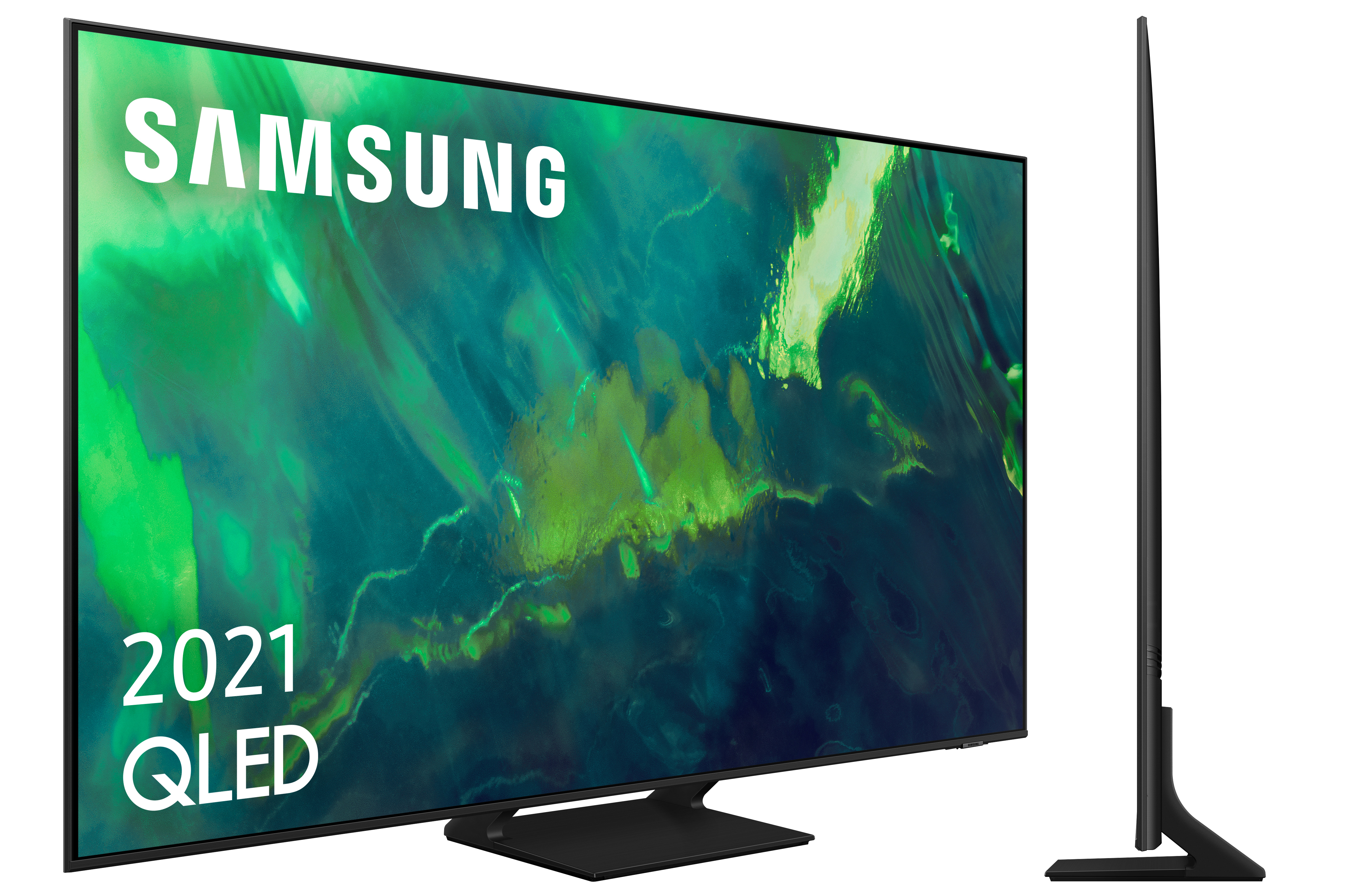 Un televisor Samsung QLED con el logotipo de 2021. Muestra la pantalla y una vista de perfil lateral.