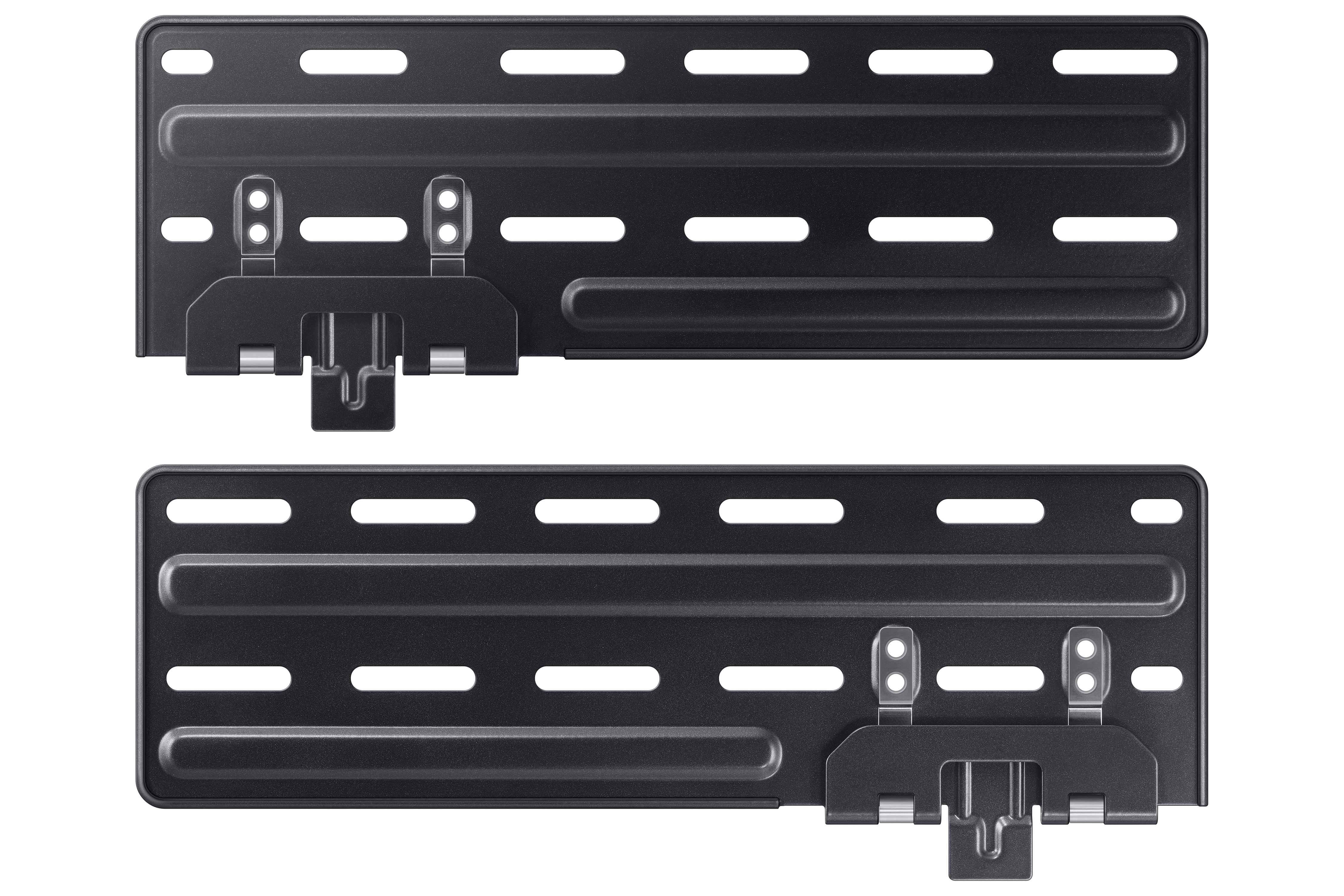 Soportes metálicos negros con ranuras y clips para montaje.