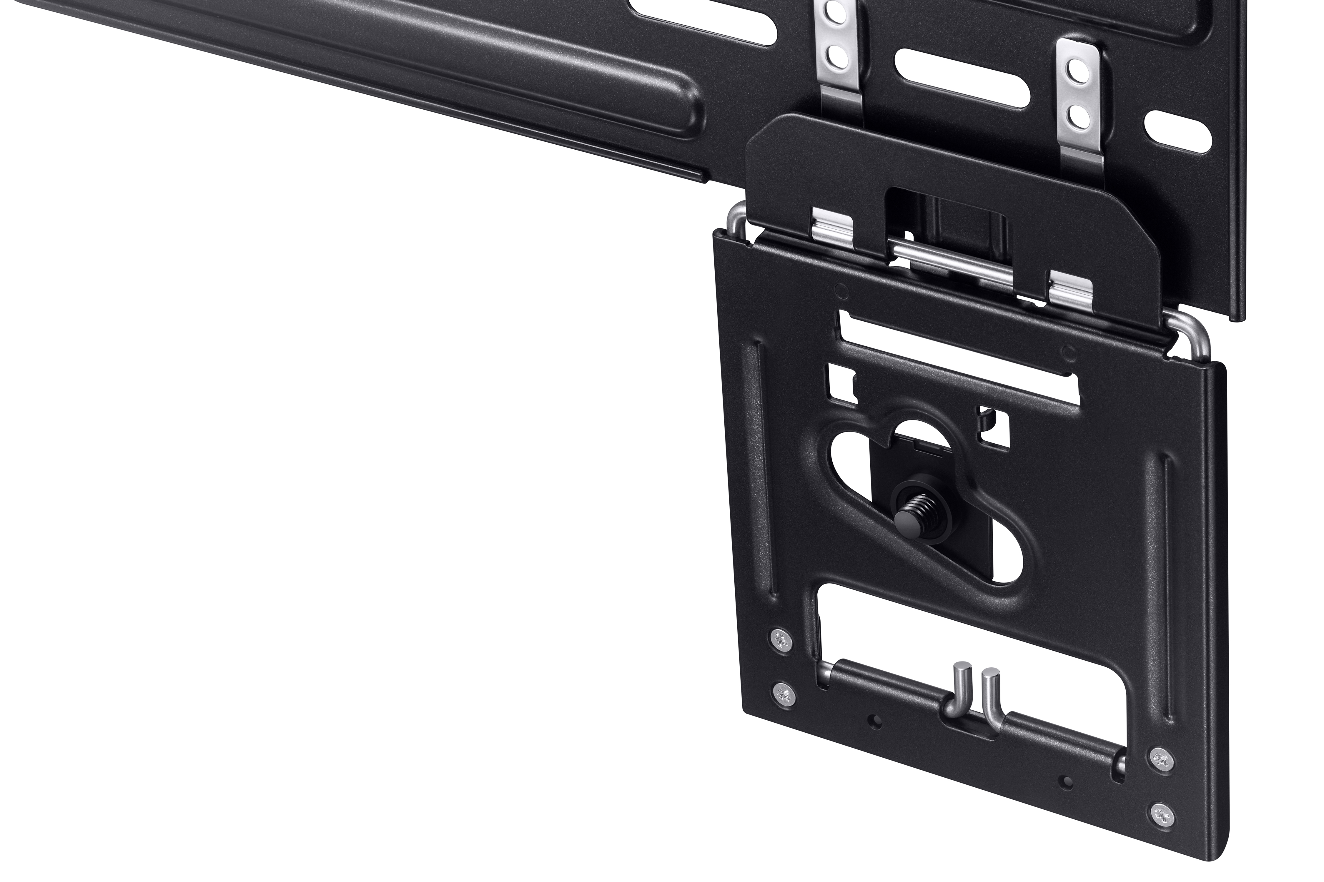 Soporte de pared negro para TV. Los soportes de montaje son visibles con tornillos y ranuras.