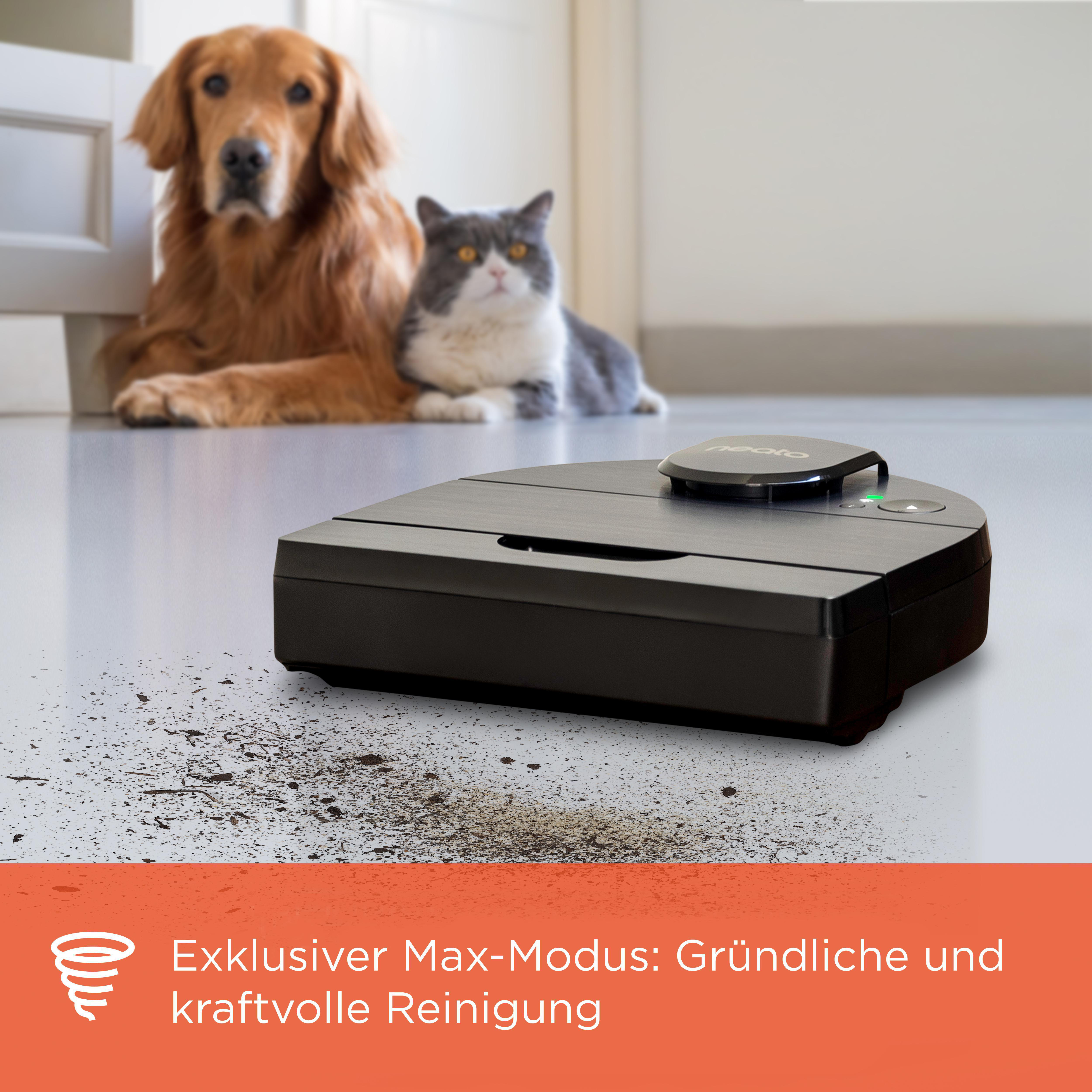 Ein Roboter-Staubsauger auf einem Boden mit Hund und Katze, Text über Reinigung.