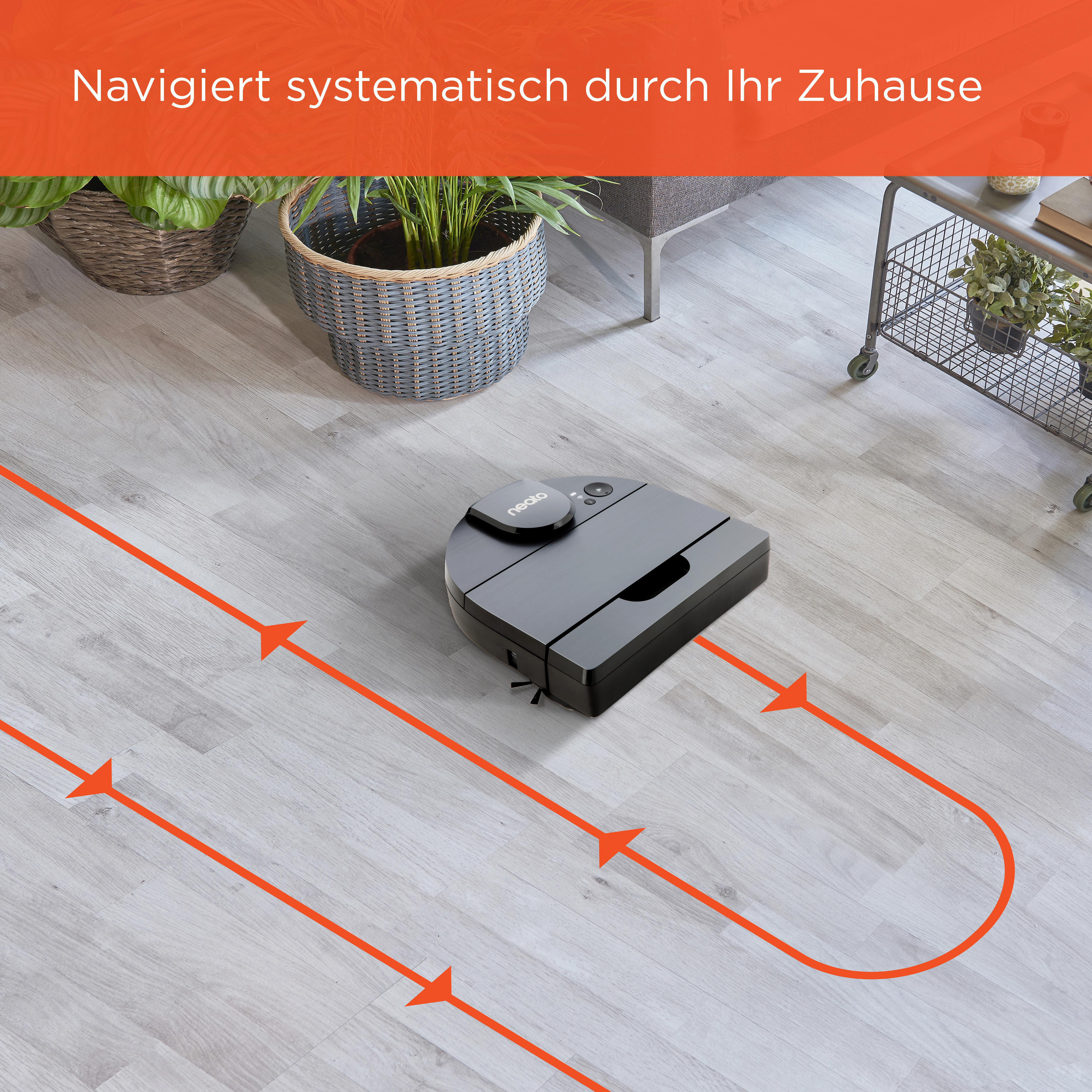 Ein Neato-Roboter-Staubsauger auf hellem Holzboden, mit Pfeilen, die seinen Reinigungspfad zeigen.