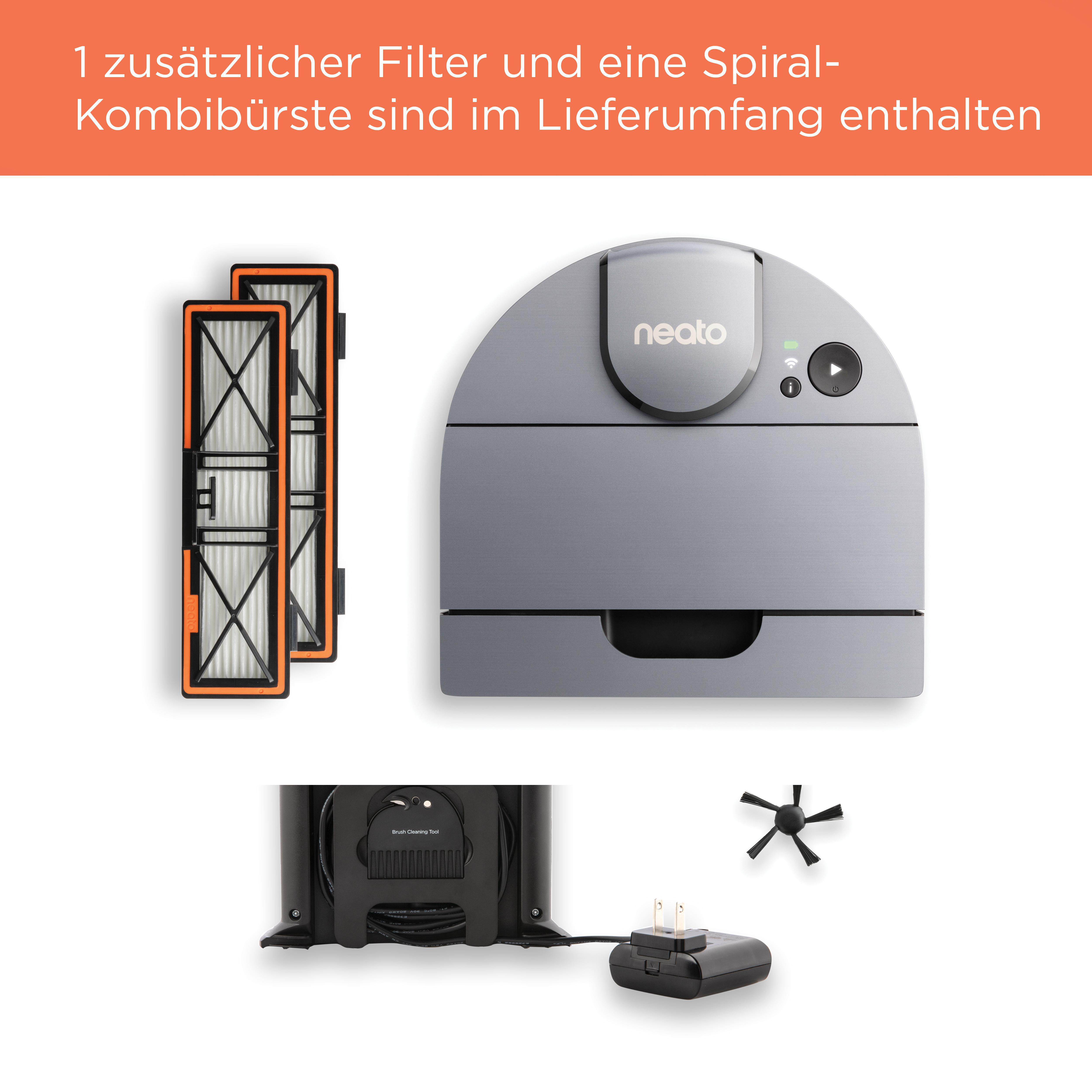 Roboter-Staubsauger mit Zubehör, Filtern, Bürste und Ladegerät. Weißer Hintergrund.