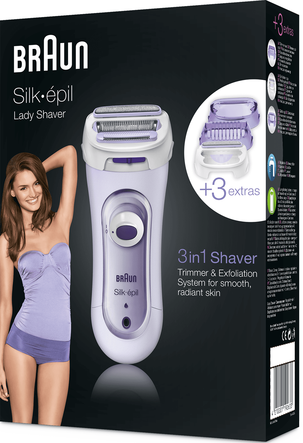 Braun Silk-épil Lady Shaver doos met vrouw en scheerapparaat. Extra scheerkoppen inbegrepen.