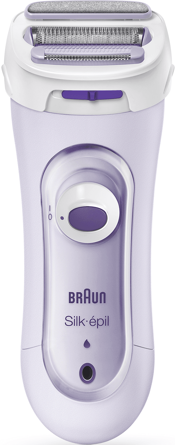 Paarse en witte Braun epilator. Het heeft een aan/uit-knop en de merknaam.