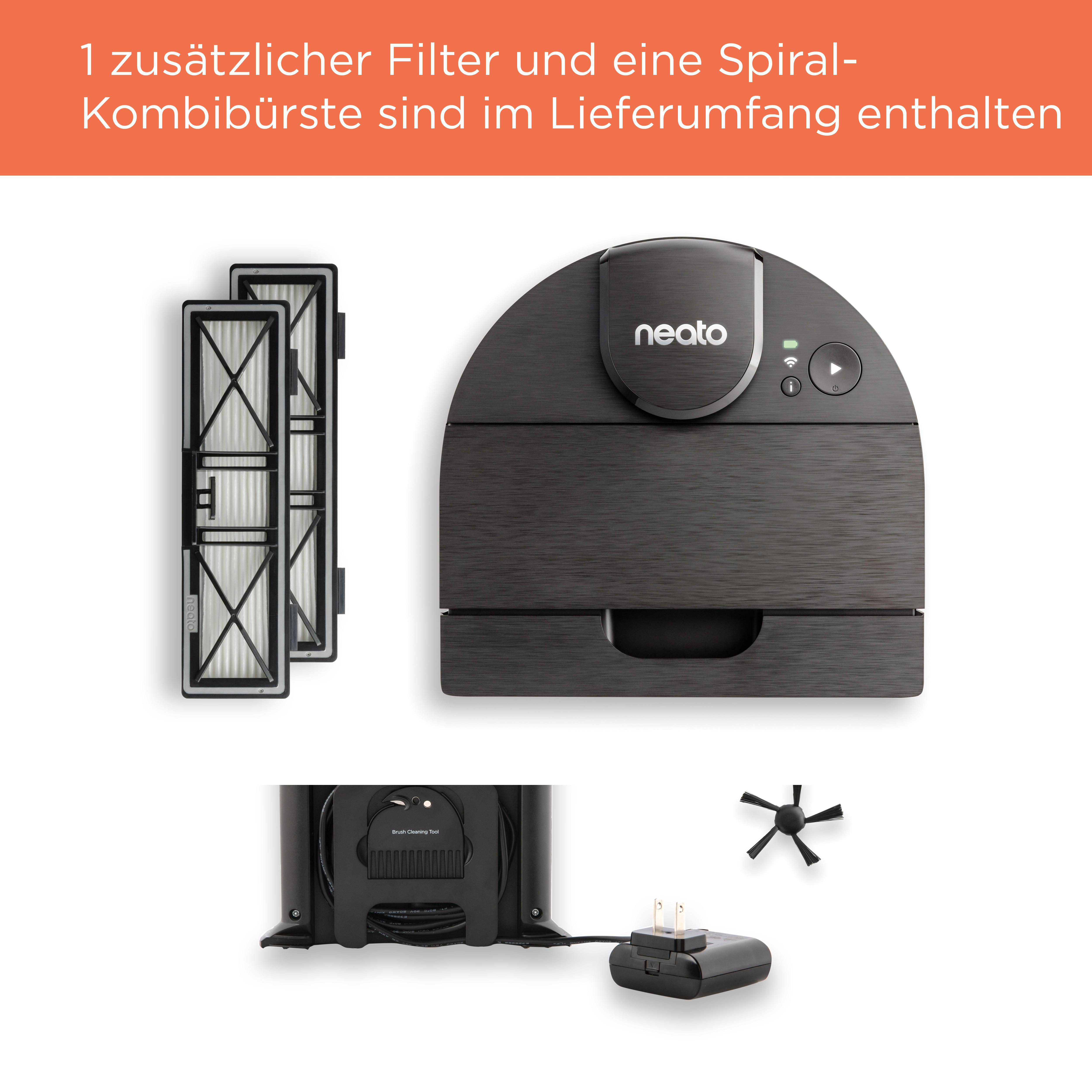 Roboter-Staubsauger mit Filtern, Bürste und Ladestation auf weißem Hintergrund.
