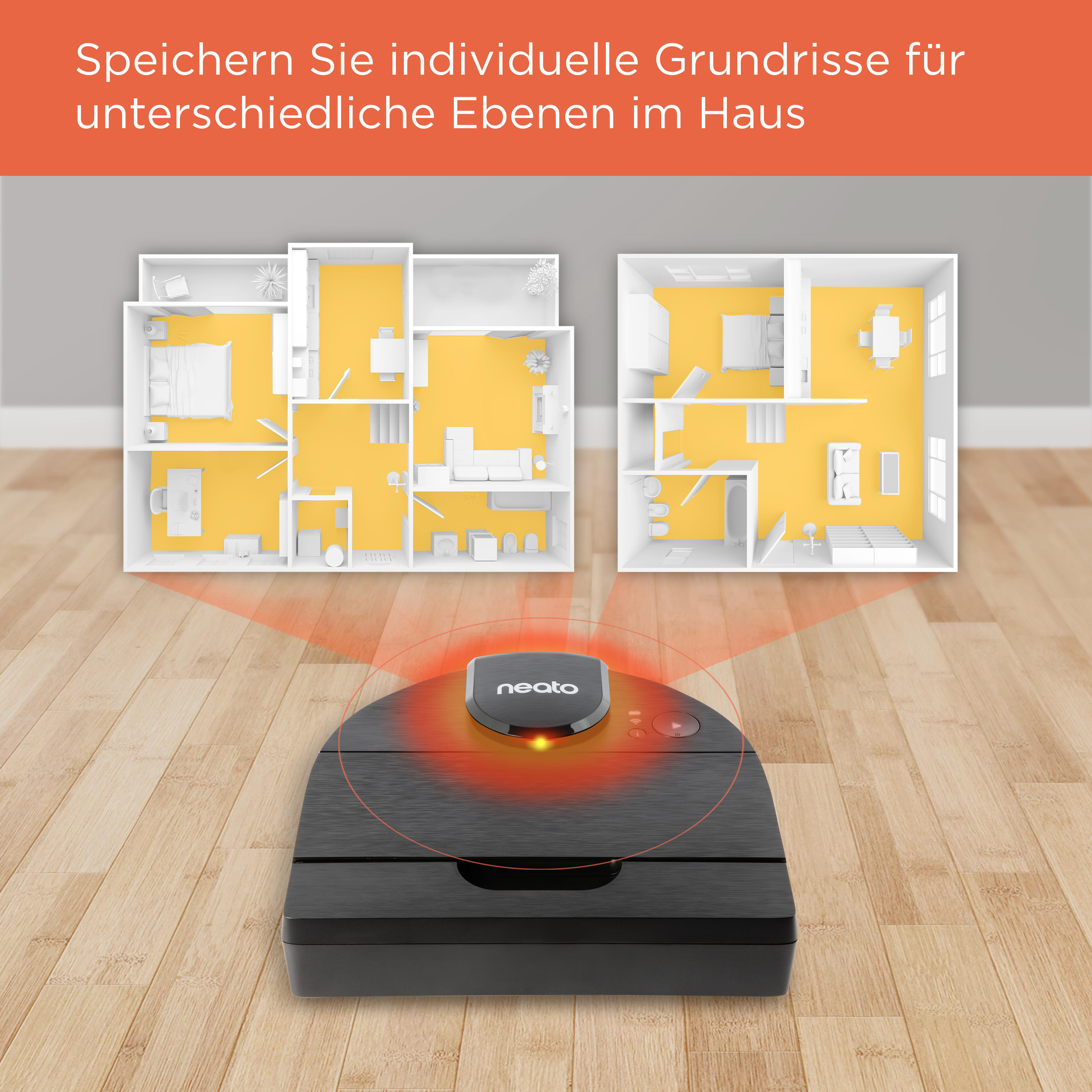 Roboter-Staubsauger mit zwei Hausplänen. Die Pläne haben gelbe Räume. Holzfußboden.