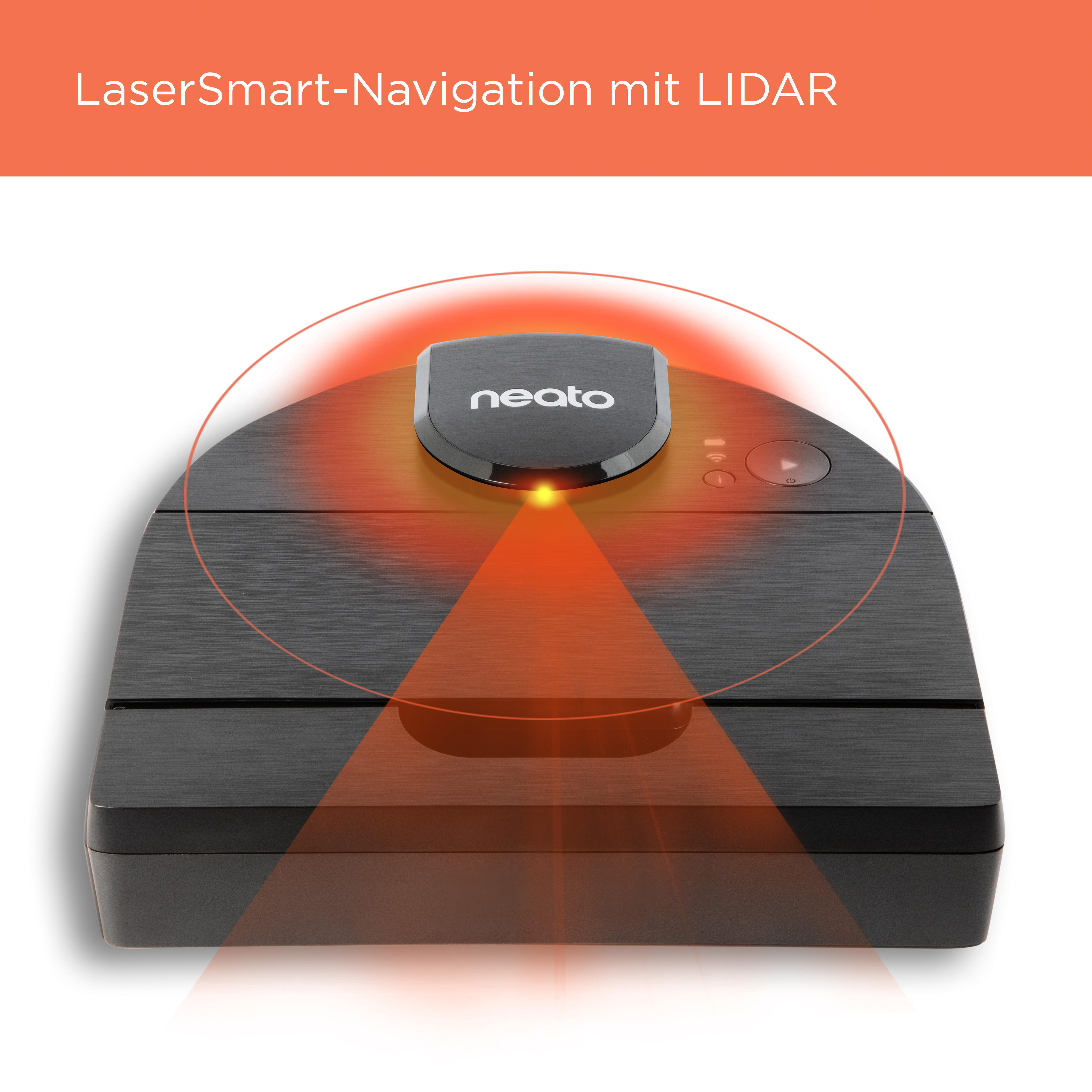 Schwarzer Neato-Roboter-Staubsauger mit rotem Laser-Scan und Logo oben.