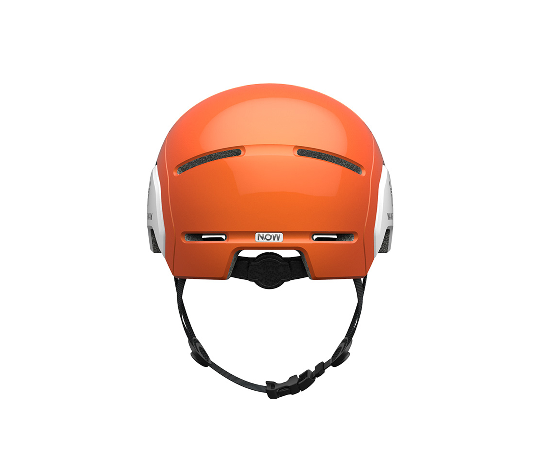 Rückansicht eines orangenen Fahrradhelms mit schwarzen Riemen und weißen Akzenten an den Seiten.