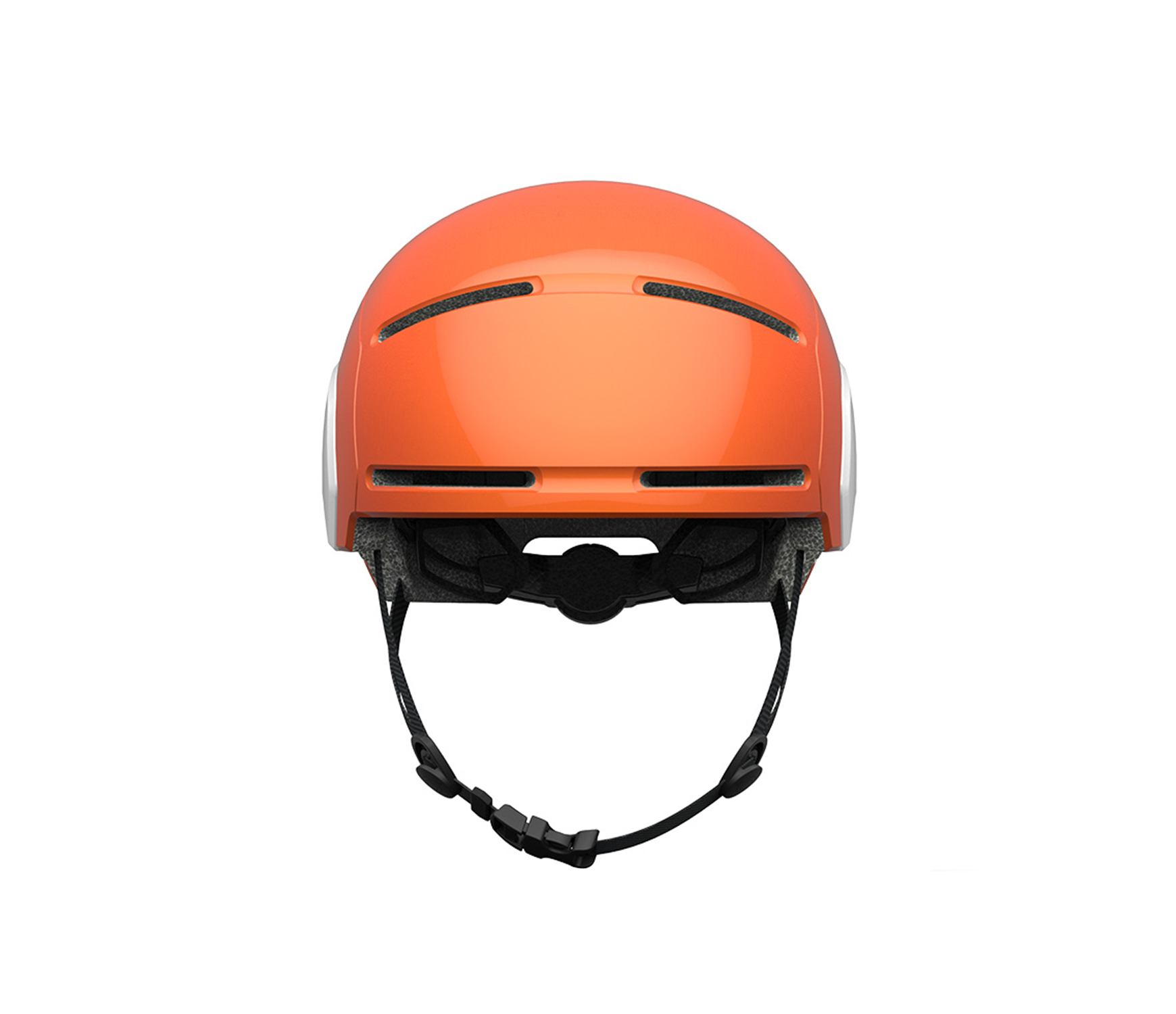 Oranger Fahrradhelm, weißer Hintergrund.