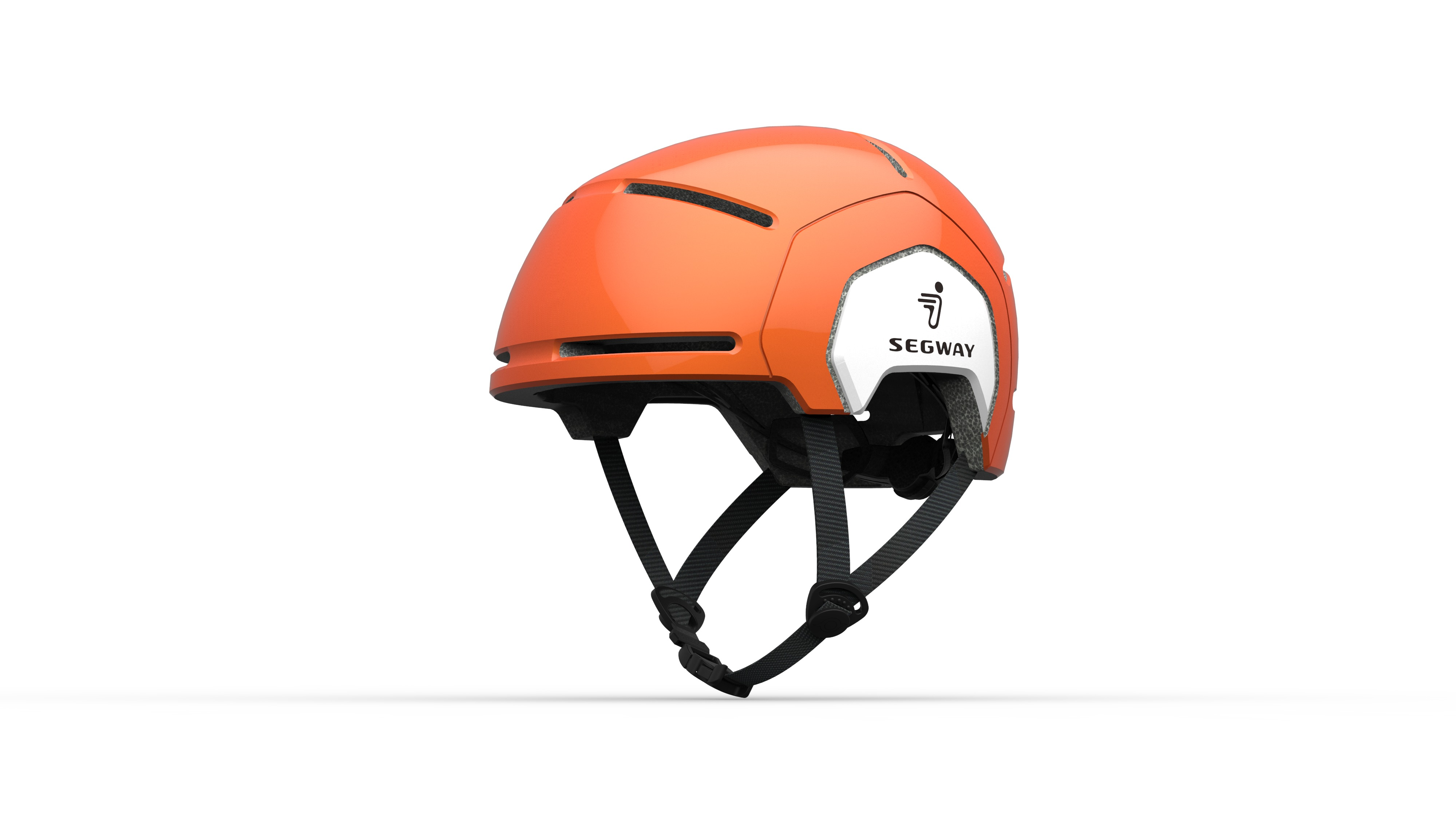 Orangener Segway-Helm mit schwarzen Riemen, weißem Logo, auf weißem Hintergrund. Seitenansicht.