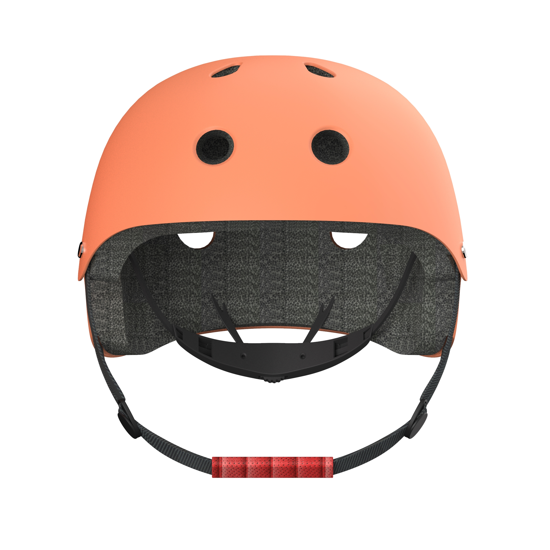 Ein pfirsichfarbener Helm. Er hat schwarze Riemen und eine rote Riemenabdeckung.