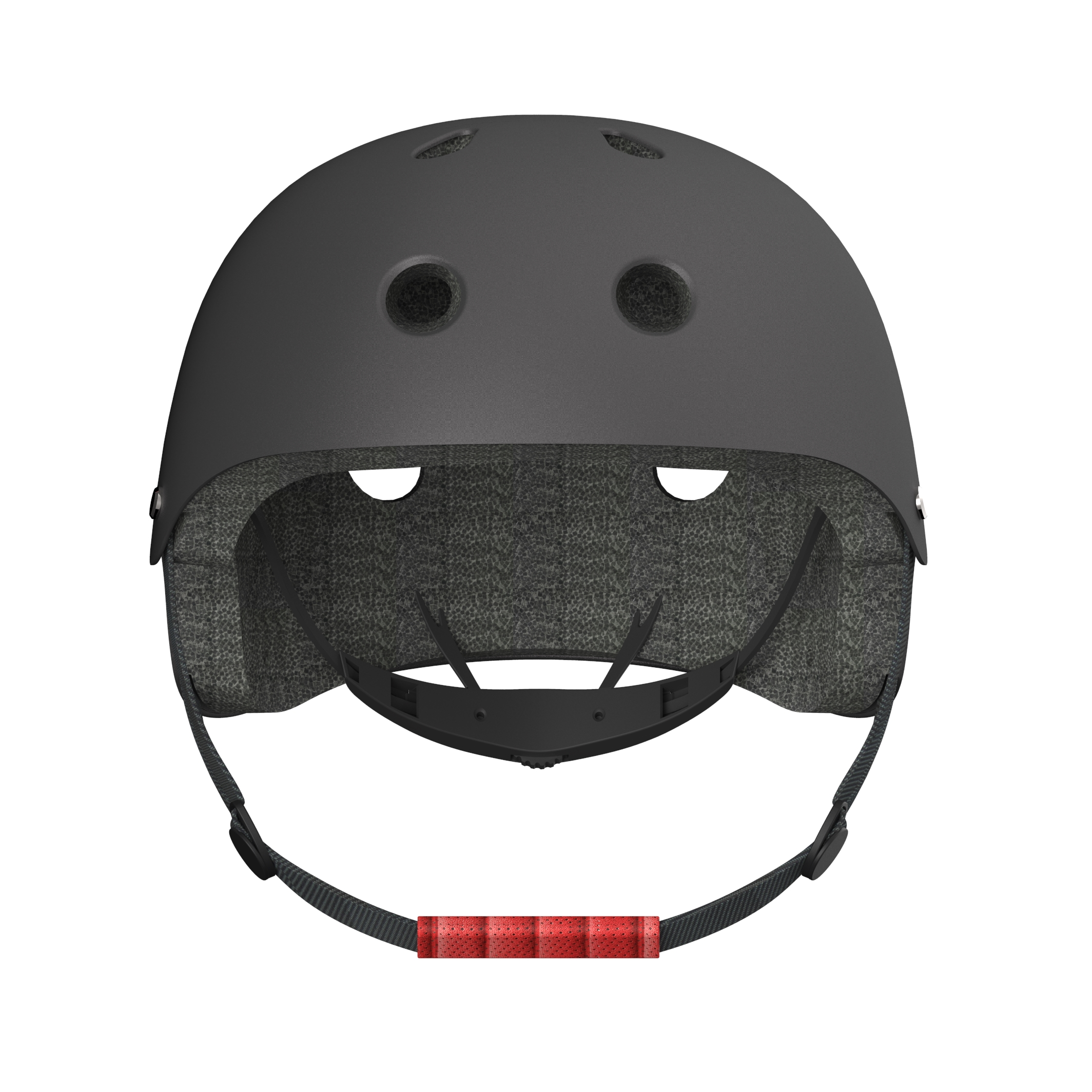 Schwarzer Helm mit zwei Belüftungslöchern, Innenpolsterung und rotem Riemen. Draufsicht.