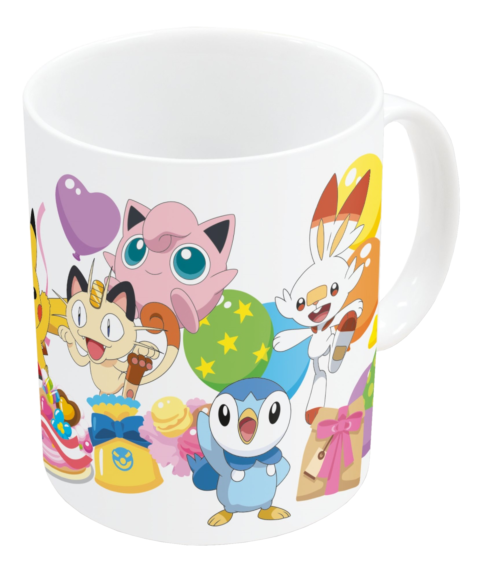 Weiße Tasse mit verschiedenen Cartoon-Pokémon-Charakteren darauf.