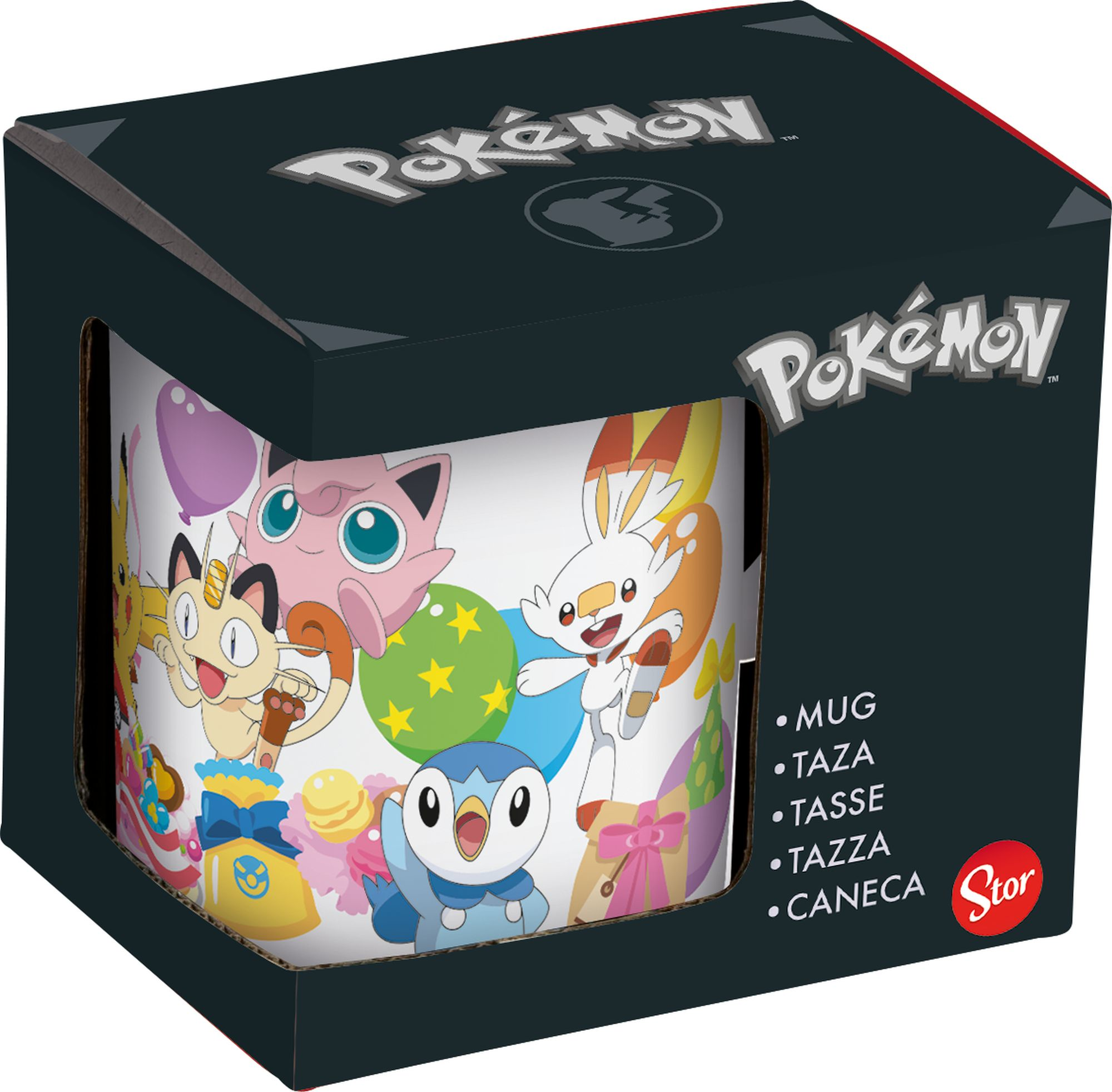 Ein Pokemon-Becher in einer Box. Auf dem Becher sind Pokemon-Charaktere wie Pikachu und Pummeluff abgebildet.