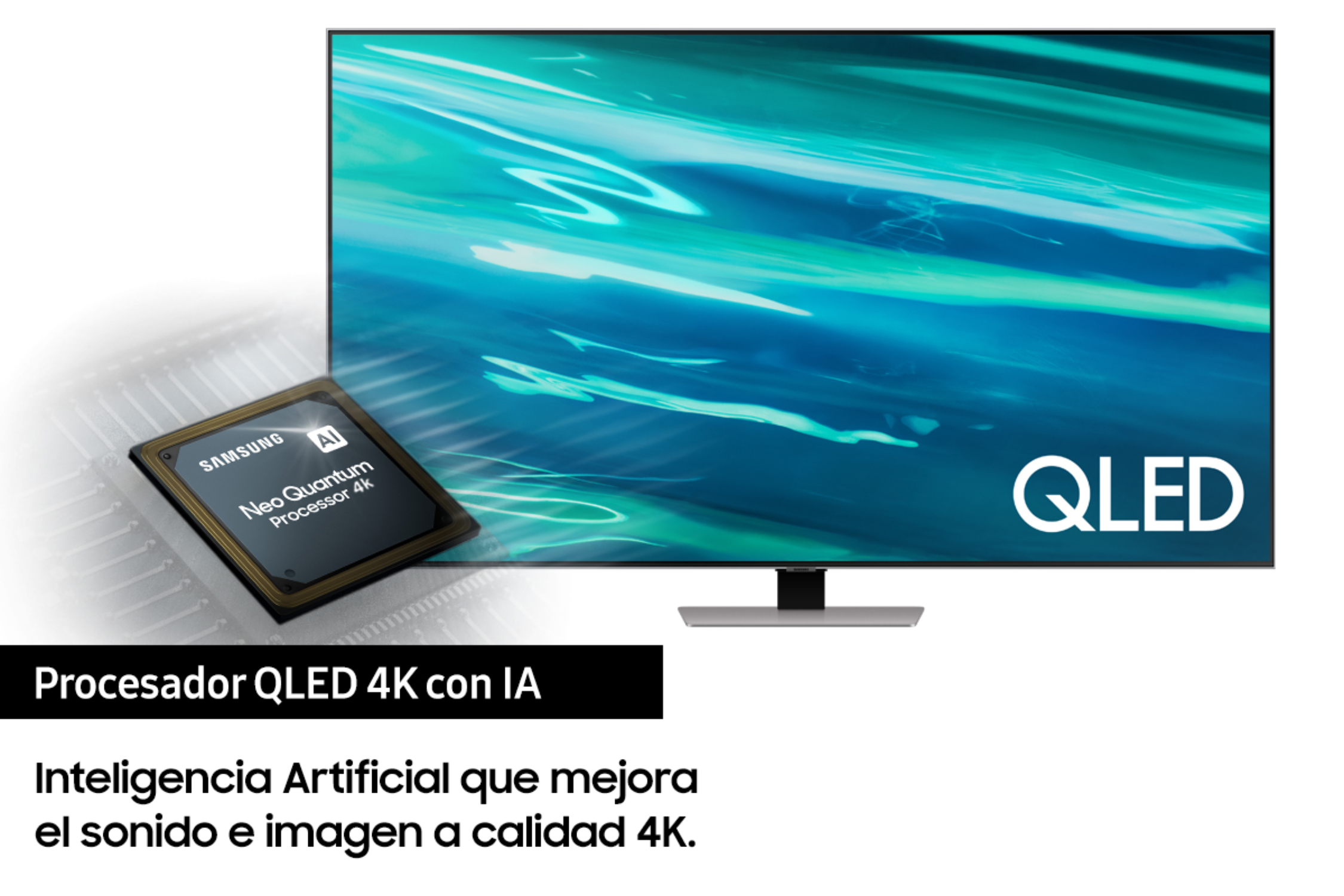 Un televisor QLED con un procesador y texto sobre la mejora del sonido y la imagen.