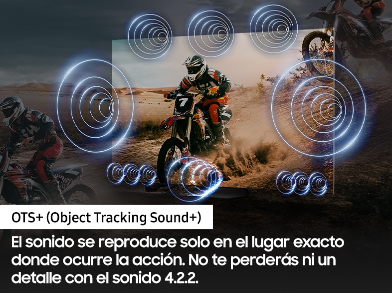 Motocross con ondas de sonido. Texto: El sonido se reproduce donde ocurre la acción.
