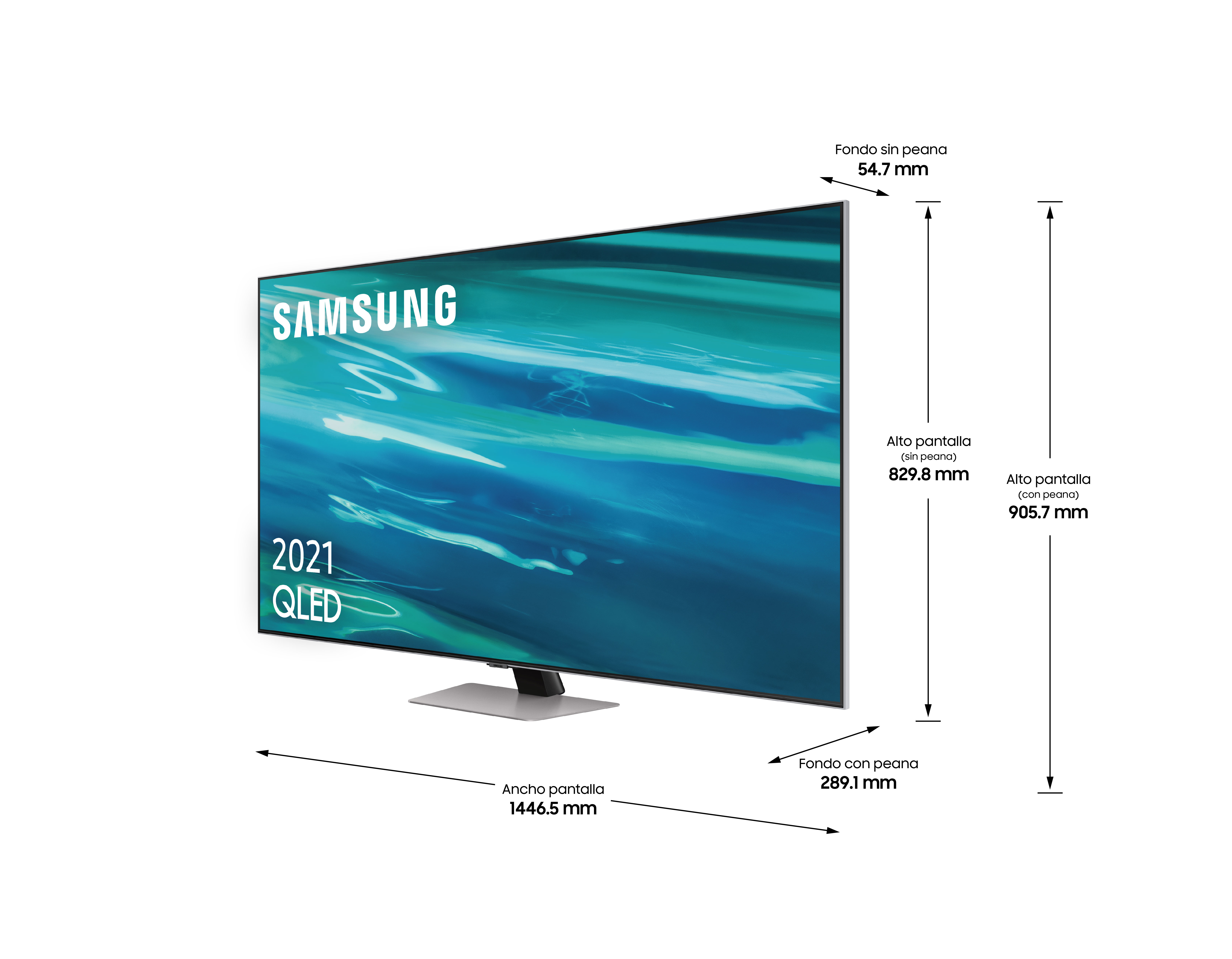Un televisor Samsung grande con dimensiones etiquetadas, con un diseño y soporte modernos.