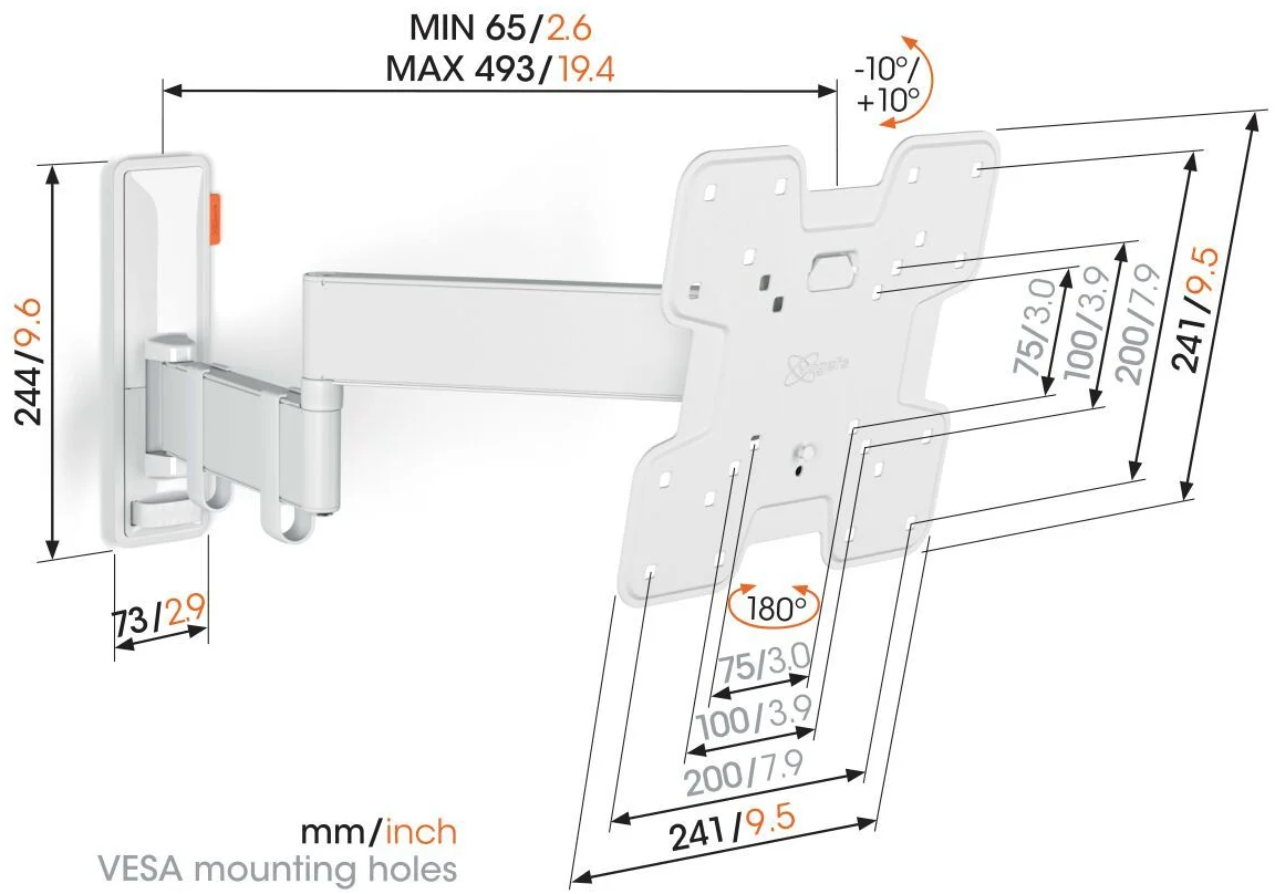 Support mural TV blanc avec dimensions en mm et pouces, et une étiquette de trous de montage VESA.